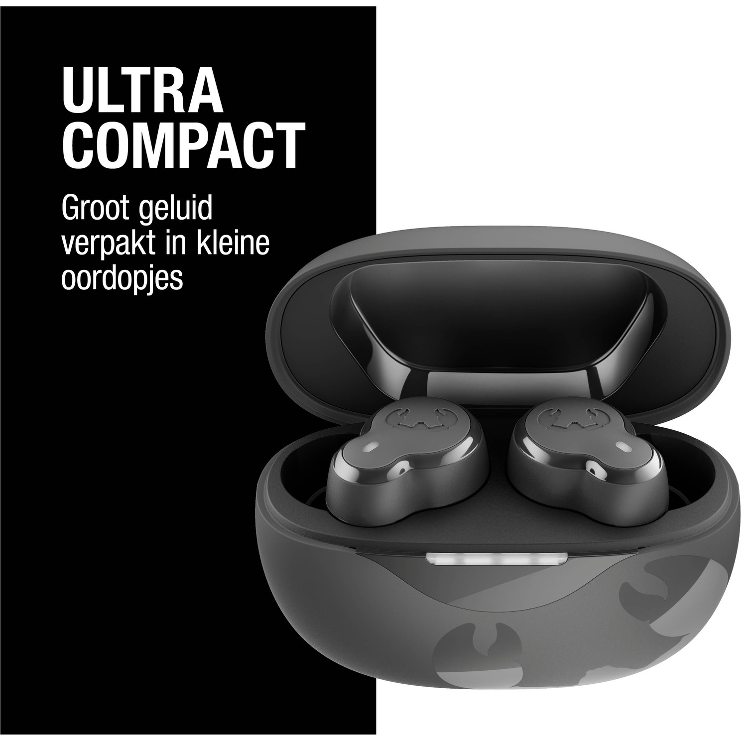 Image d'écouteurs noirs dans un étui de chargement. Texte : 'Ultra Compact' et 'Un son puissant dans de petits écouteurs'.