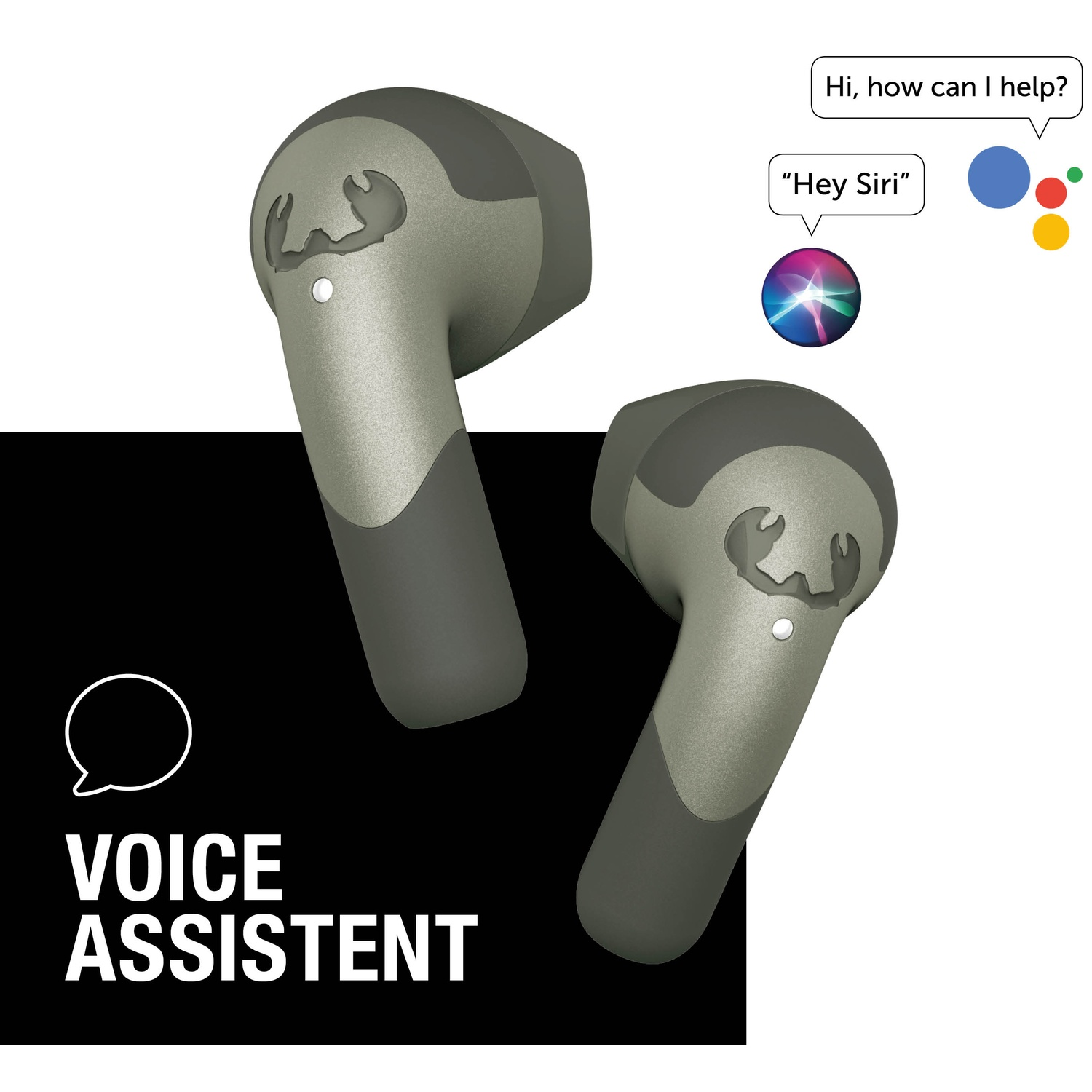 Deux écouteurs sans fil sur le thème de l'assistant vocal. Le texte indique "Voice Assistant" et "Hey Siri" avec le logo Siri.