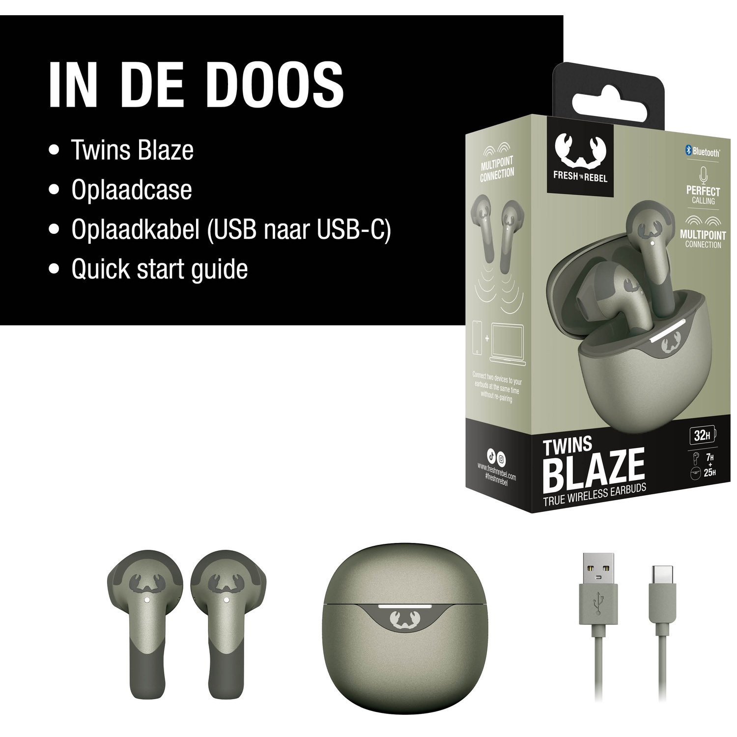 L'image montre des écouteurs, un étui et un câble de chargement. Le texte liste : Twins Blaze, étui de chargement, câble USB-C et guide rapide.