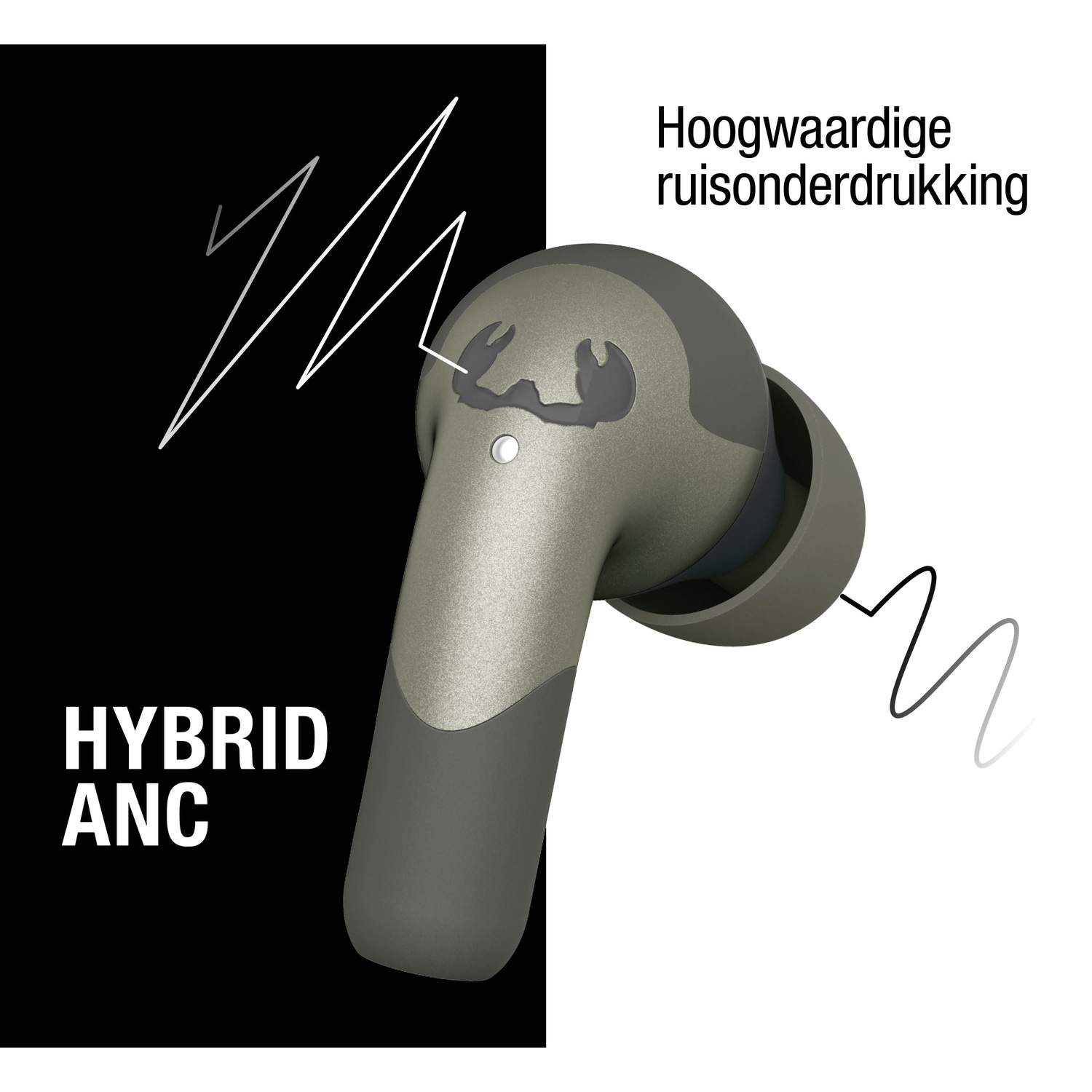 Oordopjes op witte en zwarte achtergrond, tekst 'Hybrid ANC' en 'Hoogwaardige ruisonderdrukking'. Lijnen en een logo op de oordopje.