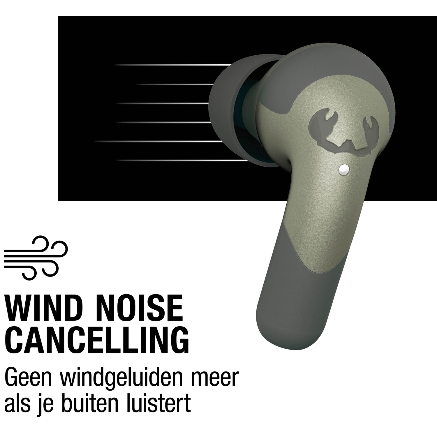 Een oortelefoon met windruisonderdrukking. Hij is grijs en heeft een logo. De achtergrond is zwart met witte lijnen.