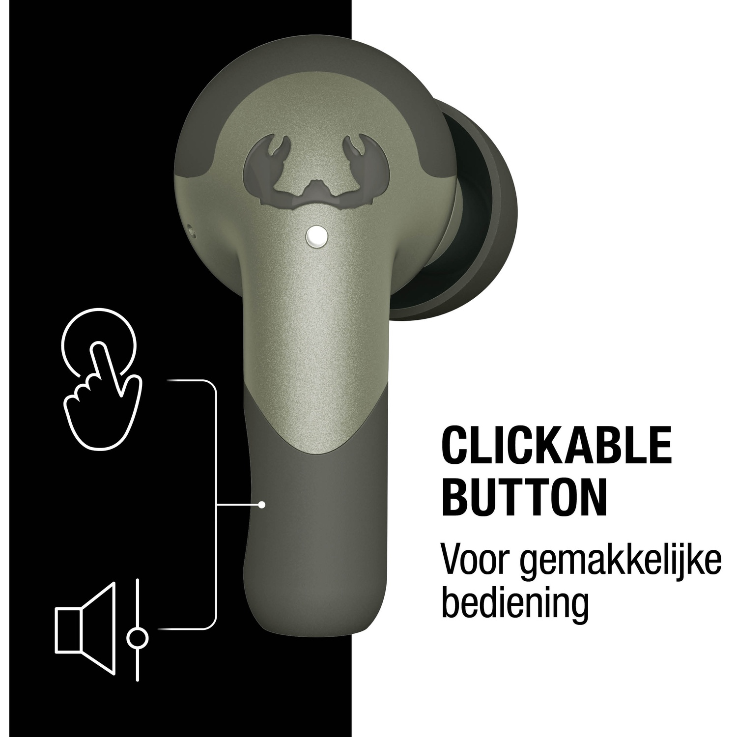 Een olijfgroene oordop met een klikbare knop, gemarkeerd met tekst. Pictogrammen voor aanraking en geluid staan links.