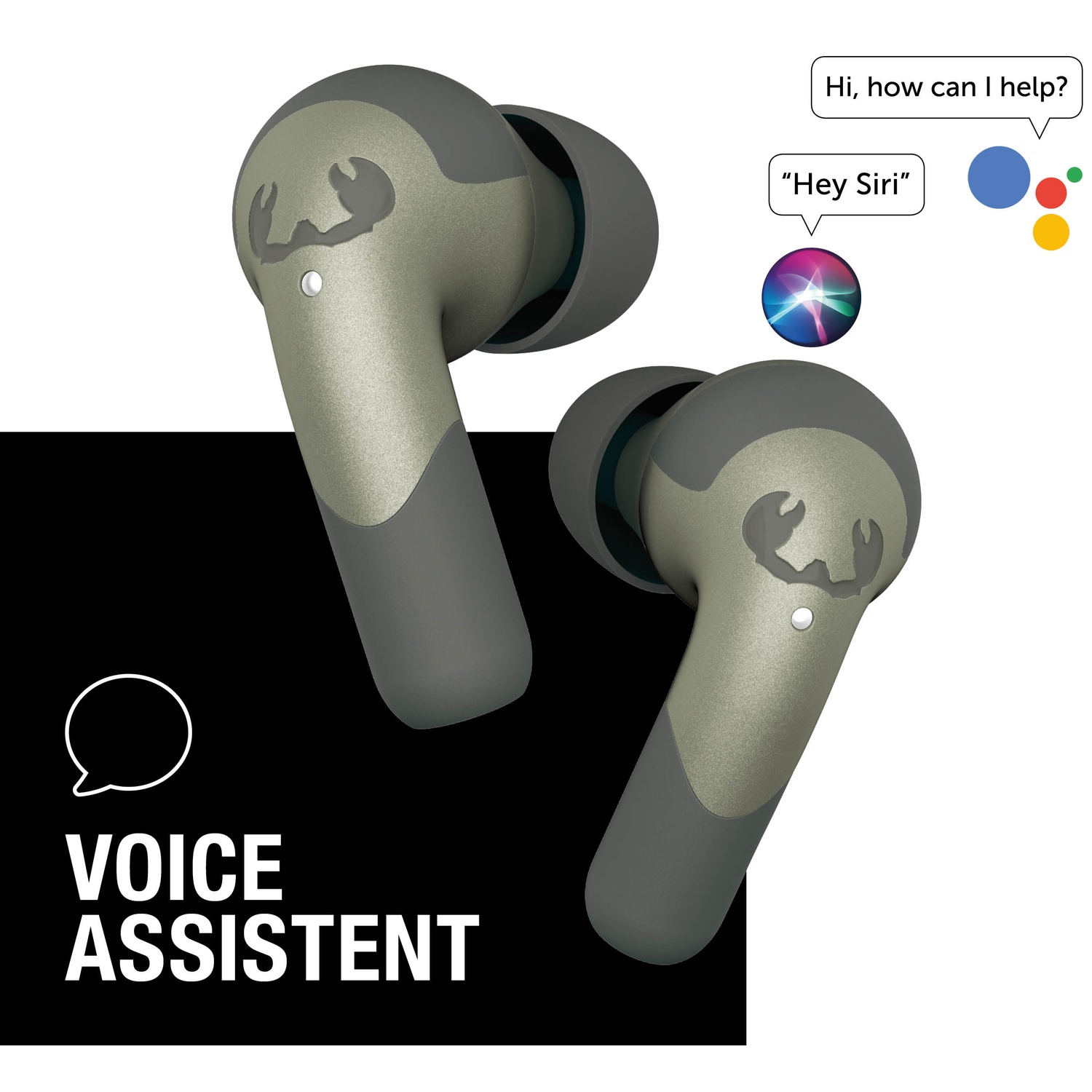Twee olijf- en grijze oordopjes. Tekst: Voice Assistant, "Hey Siri", "Hallo, hoe kan ik helpen?" Siri-logo. Gekleurde stippen.