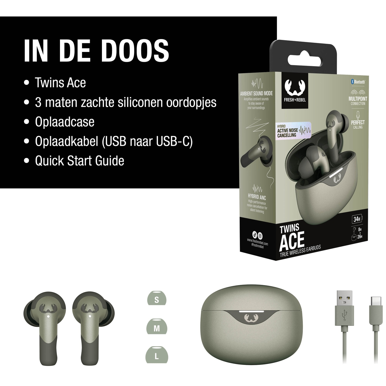 Afbeelding toont Twins Ace oordopjes met oplaadcase, USB-kabel en diverse siliconen oortips. Tekstdetails over productkenmerken.