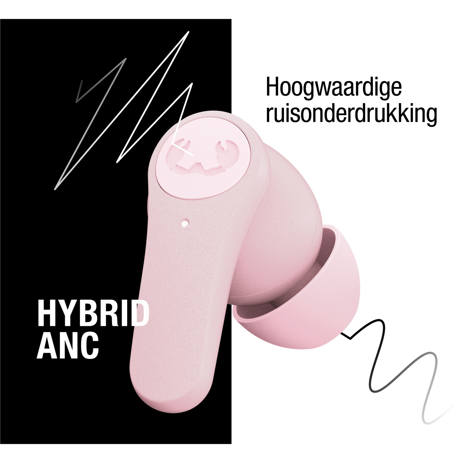 Roze oortelefoon op witte achtergrond met zwarte accenten. Tekst zegt 'HYBRID ANC' en 'Hoogwaardige ruisonderdrukking'.