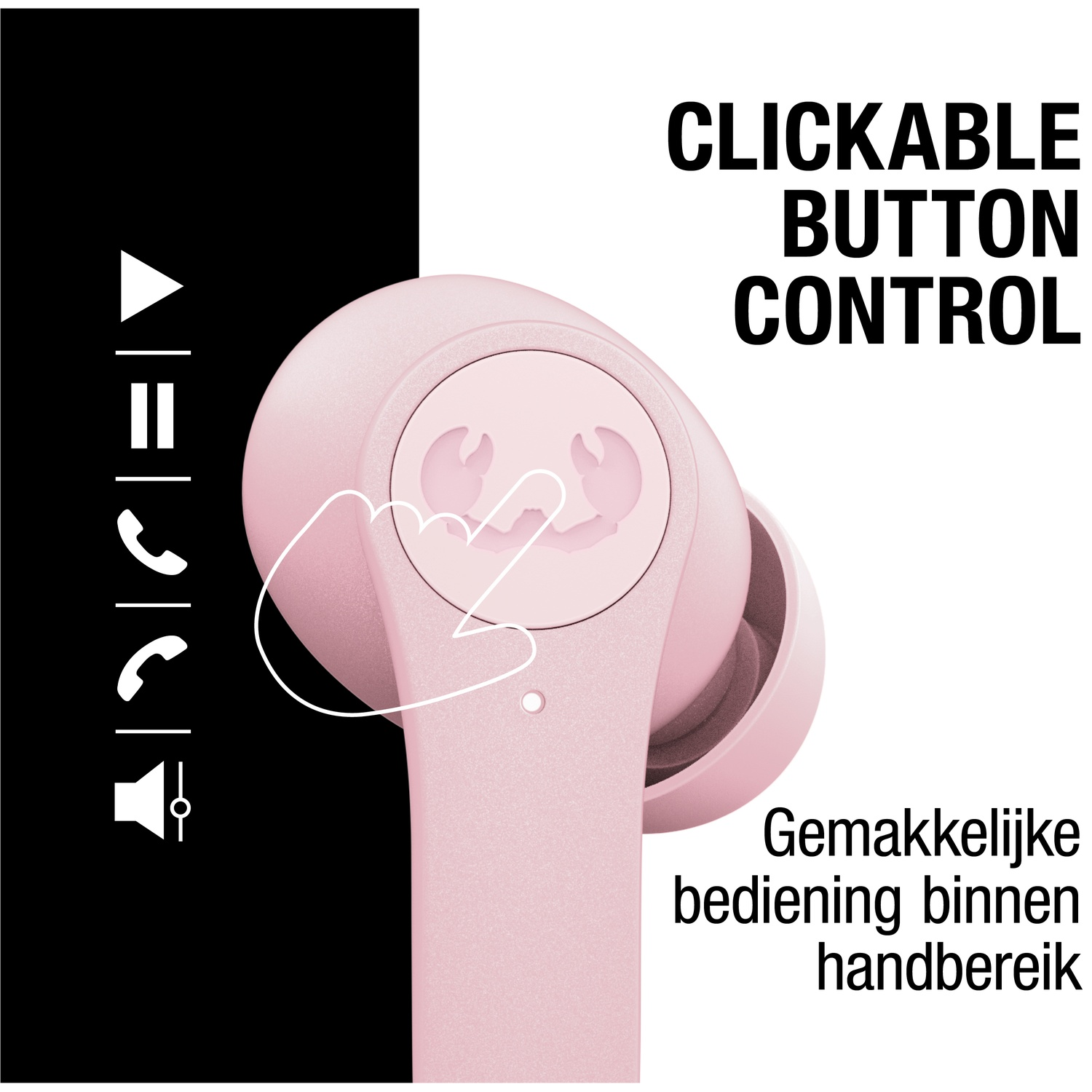 Roze oortelefoons met knopbediening illustratie. Bevat afspelen/pauzeren, volumeregeling en belpictogrammen. Tekst: 'Clickable Button Control'.