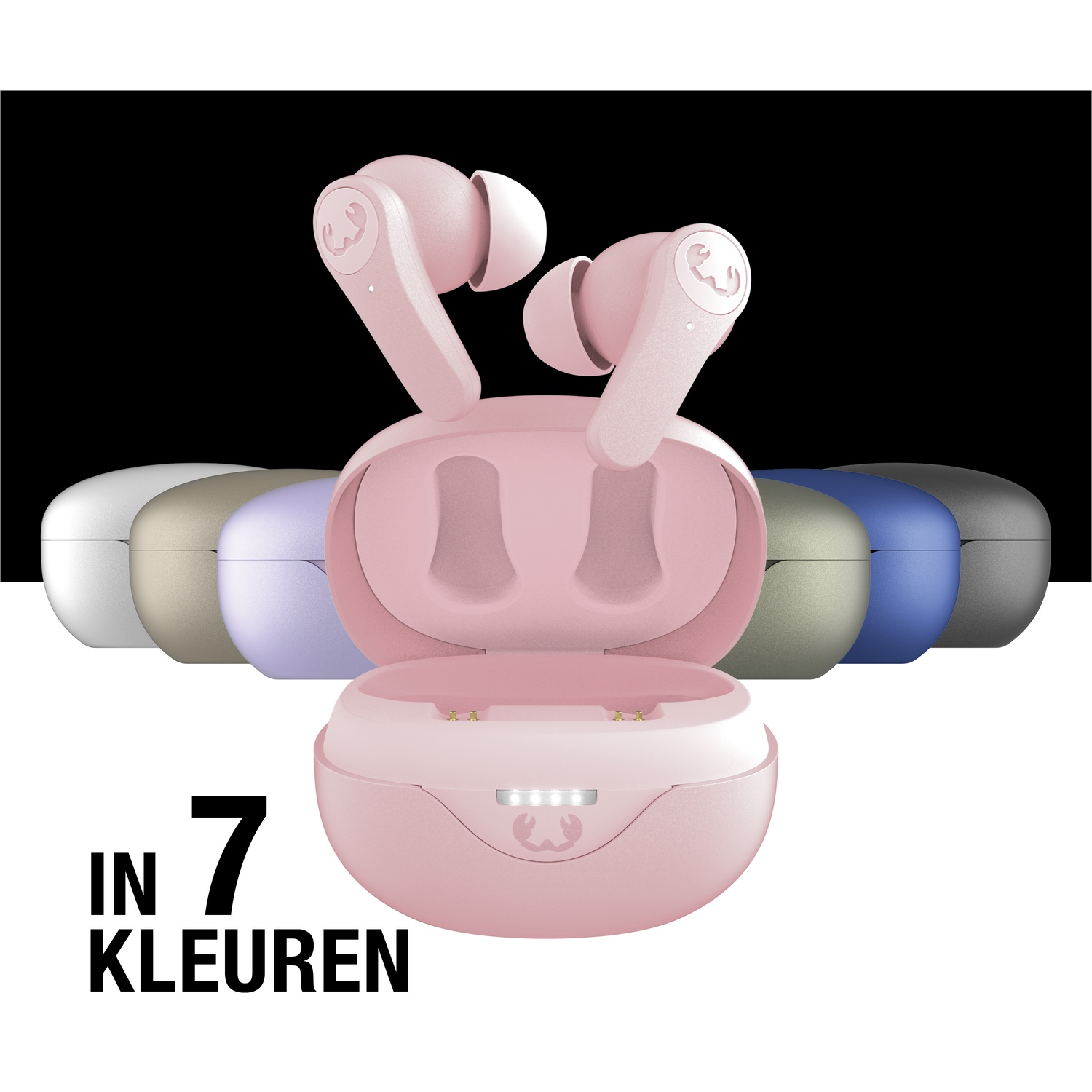 Roze oortelefoons en oplaadcase, omringd door zes gekleurde cases. Tekst: 'IN 7 KLEUREN'.