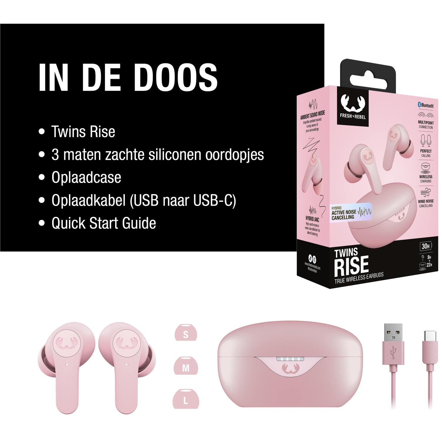 Roze oortelefoons, oplaadcase en kabel op witte ondergrond. Tekst: Twins Rise, functies en accessoires.