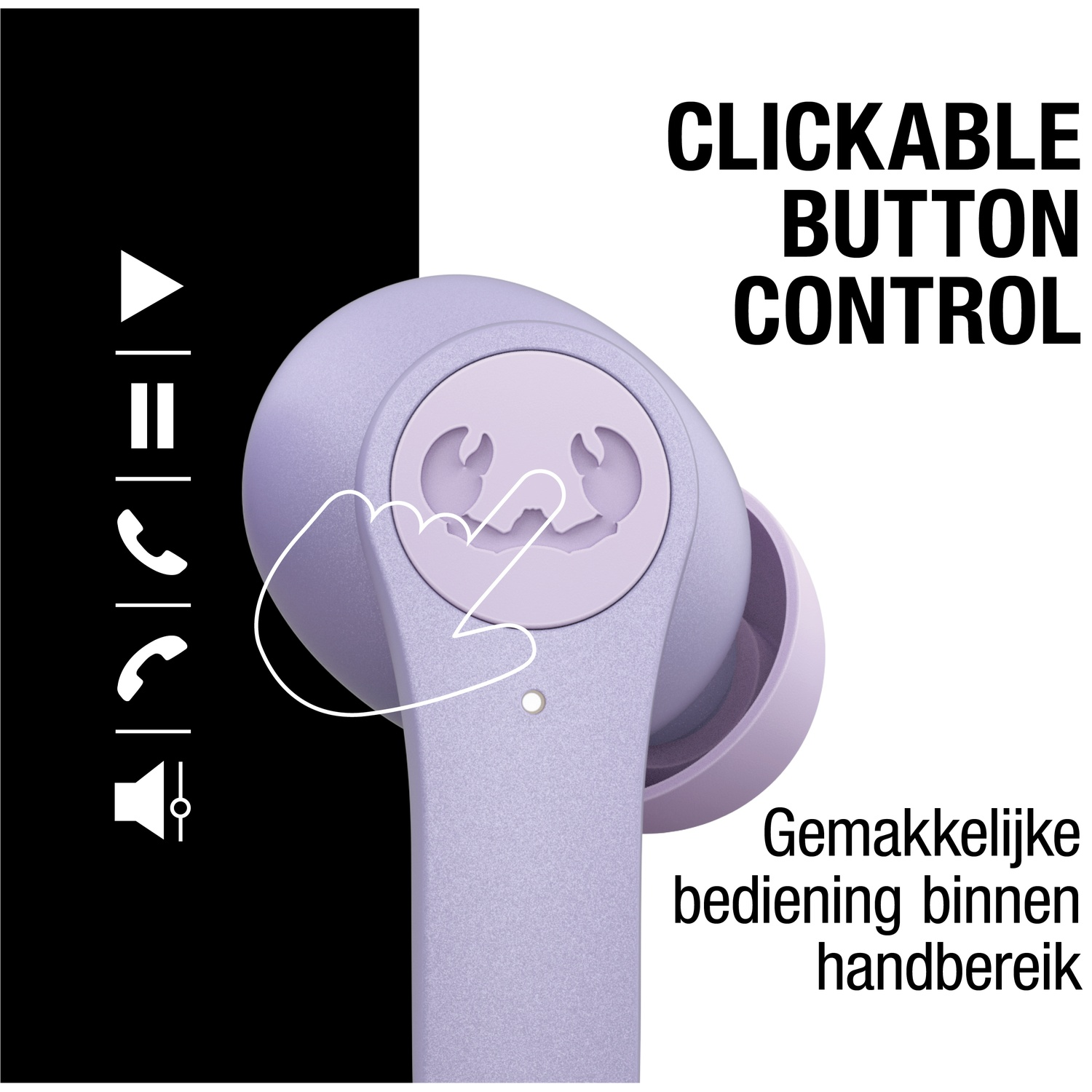 Een close-up van een paarse oordop. Tekst zegt 'CLICKABLE BUTTON CONTROL' en 'Gemakkelijke bediening binnen handbereik'.
