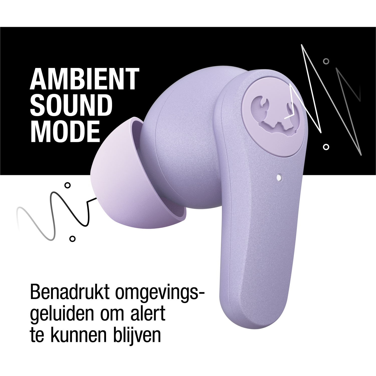 Een paarse draadloze oortelefoon met de tekst 'AMBIENT SOUND MODE'. Het benadrukt omgevingsgeluiden om alert te blijven. Een golfvormgrafiek is zichtbaar.
