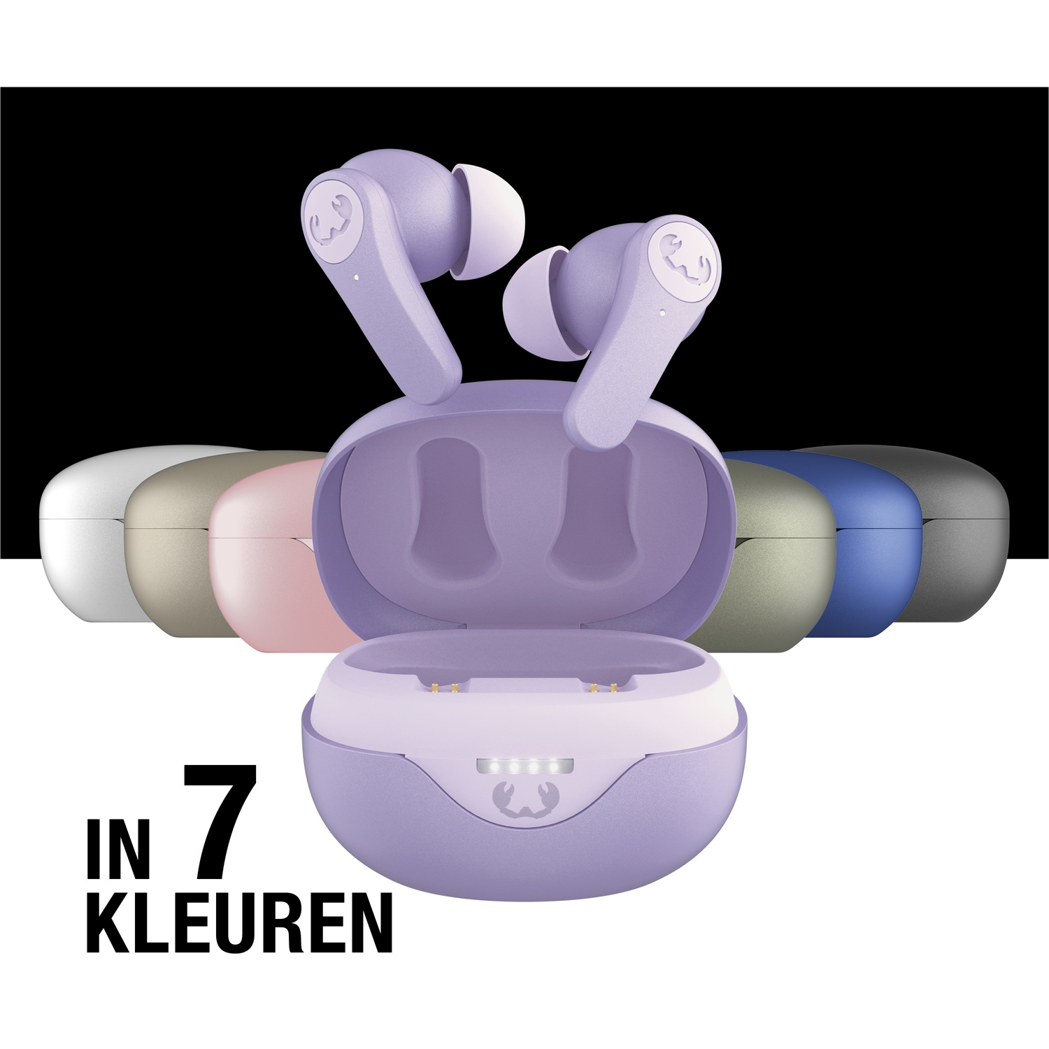 Oordopjes in zeven kleuren, weergegeven met open case. De hoofdkleur is paars. Tekst luidt 'IN 7 KLEUREN'.