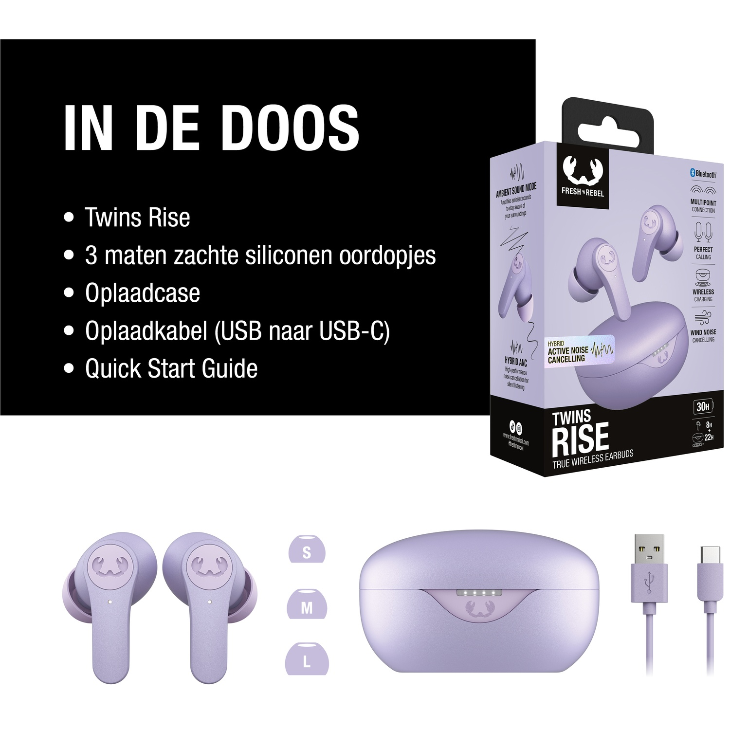 Afbeelding toont Twins Rise oordopjes, oplaadcase, kabel en accessoires. Tekst somt inhoud op. Paars kleurenschema.