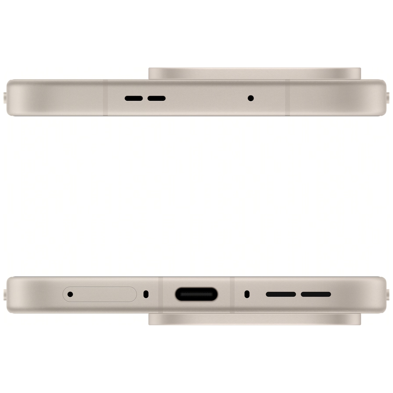 Bovenaanzicht en onderaanzicht van een beige smartphone, met poorten, luidsprekergaten en een camerabult. De telefoon staat tegen een witte achtergrond.