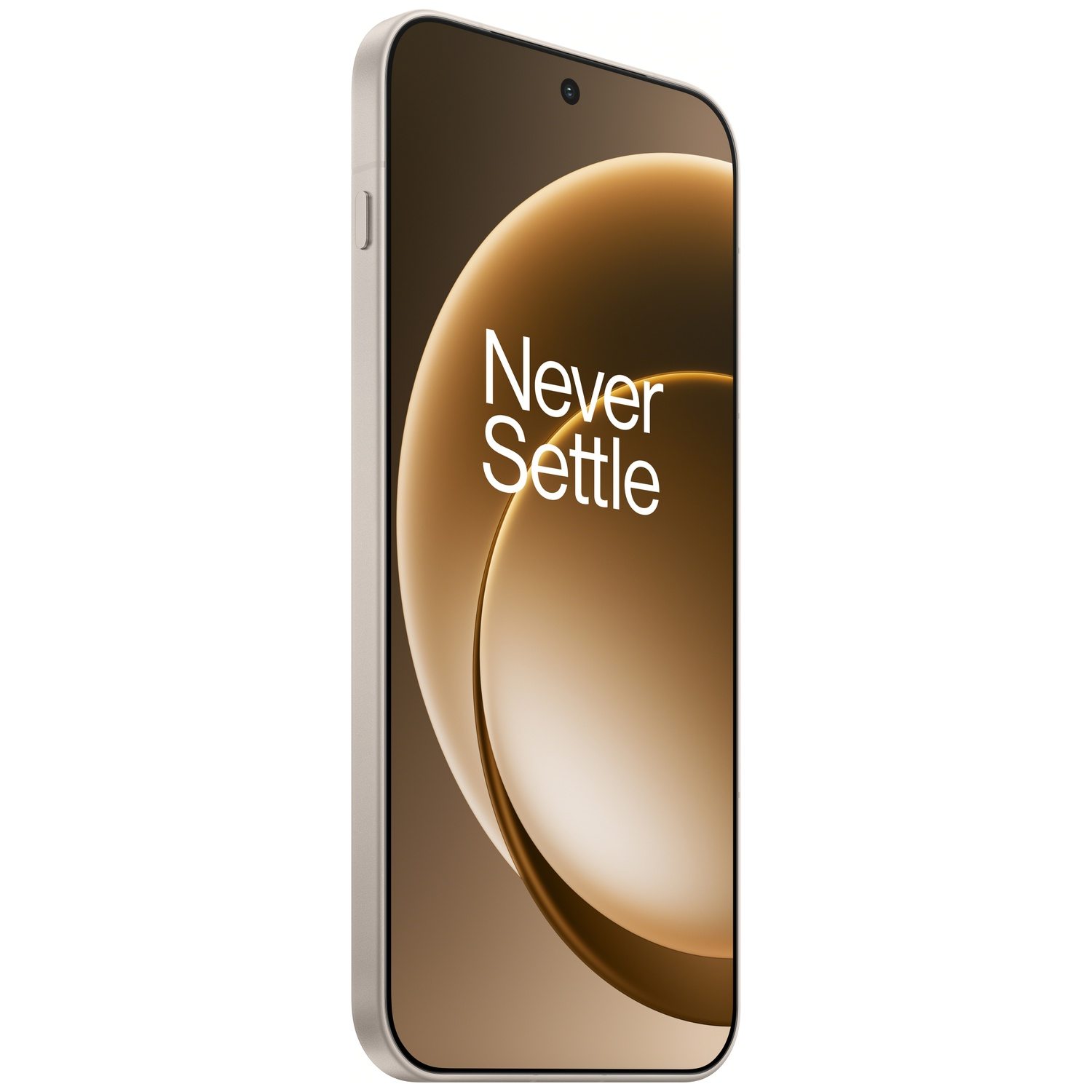 Een smartphone met een goudkleurig frame, met een bruin abstract ontwerp en de woorden "Never Settle".
