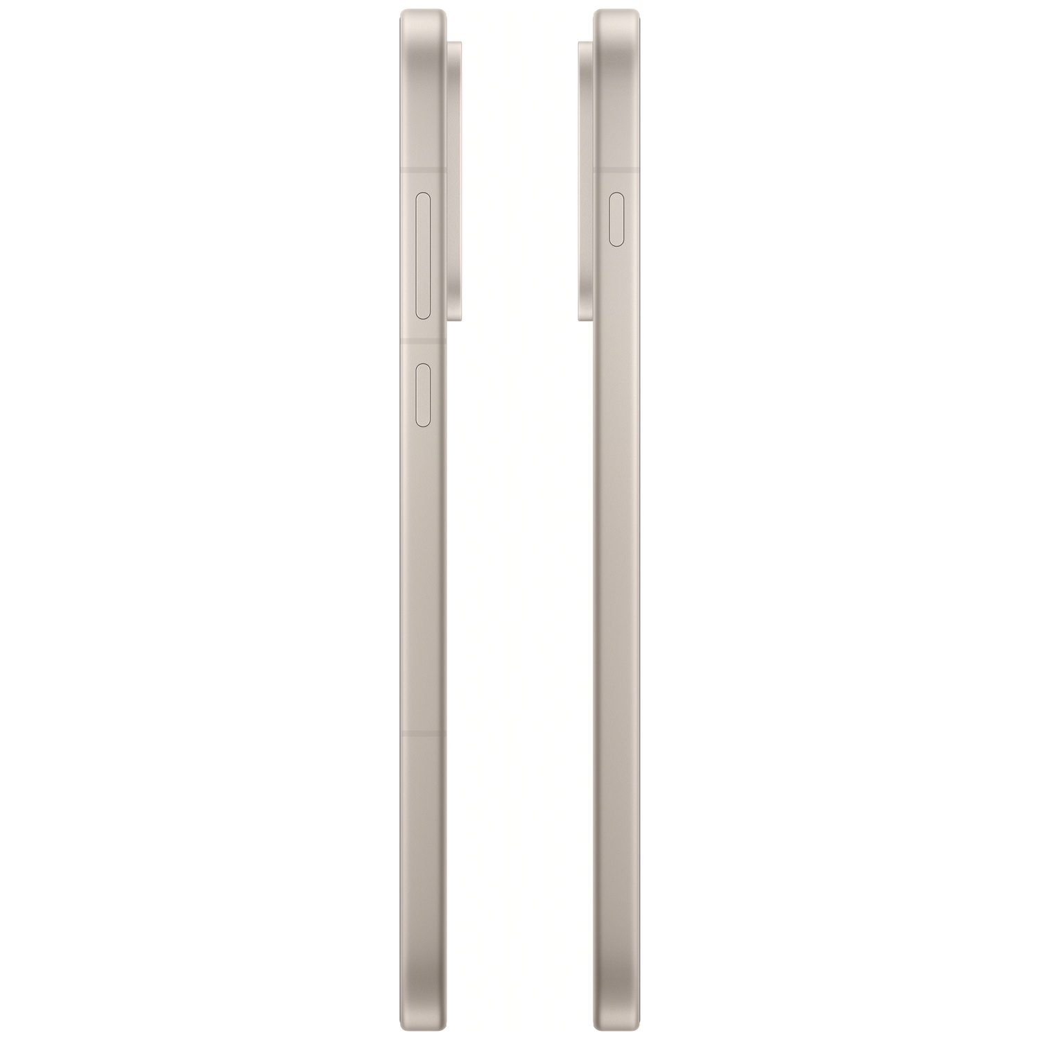 Twee beige smartphones worden van de zijkant getoond. Knoppen en camerabobbel zijn zichtbaar. Witte achtergrond.