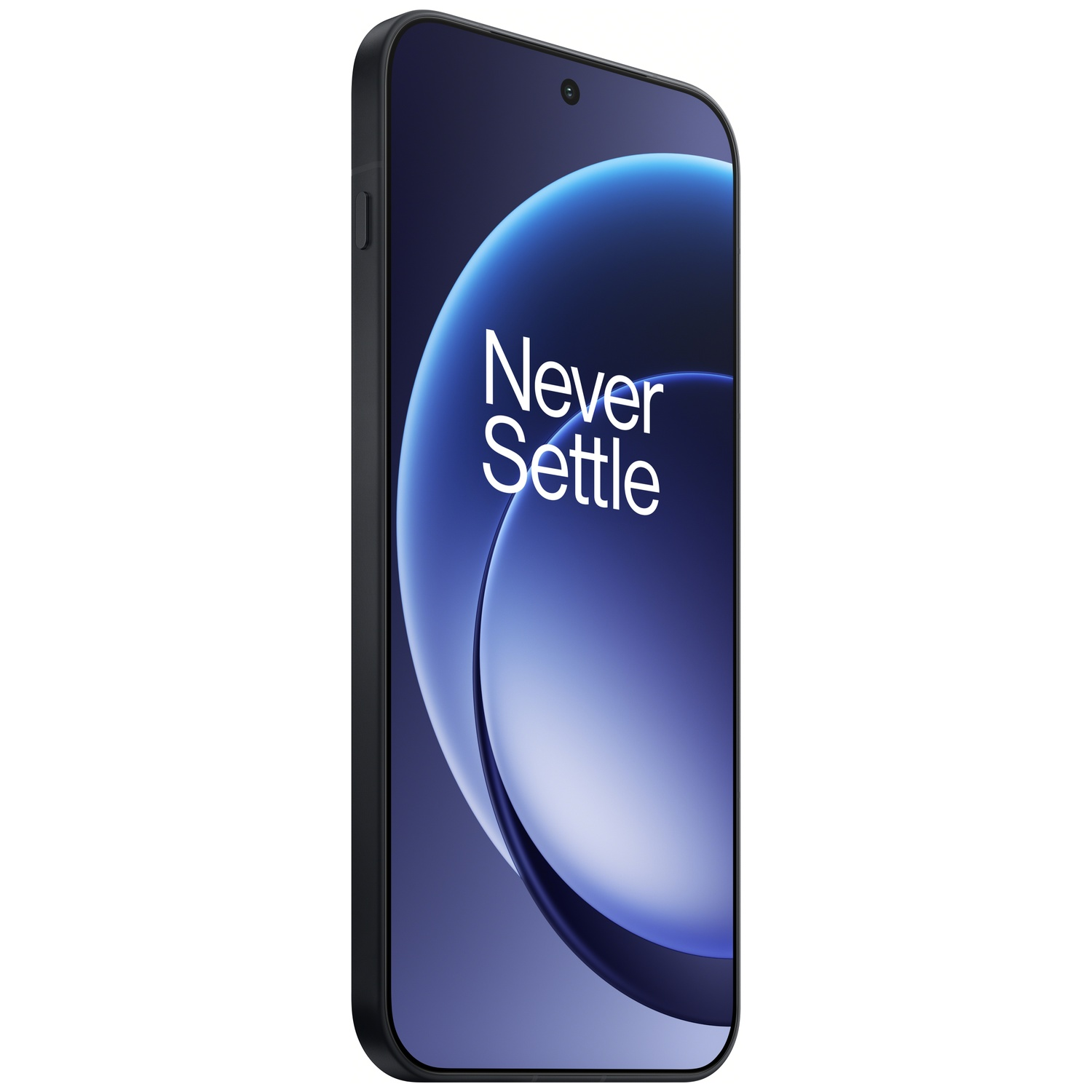 Een zwarte smartphone toont een blauw-witte afbeelding met de woorden 'Never Settle'. De telefoon heeft een zwart frame en een camera aan de voorkant.