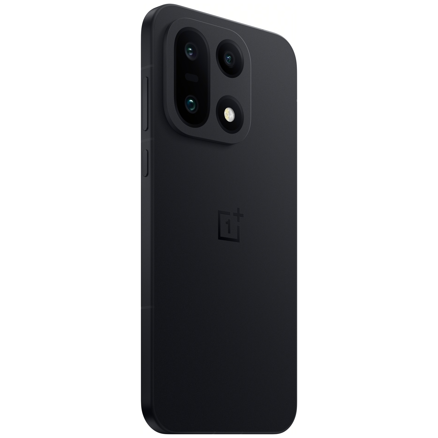 Een zwarte smartphone met een cameramodule. Het OnePlus-logo is zichtbaar. De telefoon is schuin, toont de achterkant en zijkant.