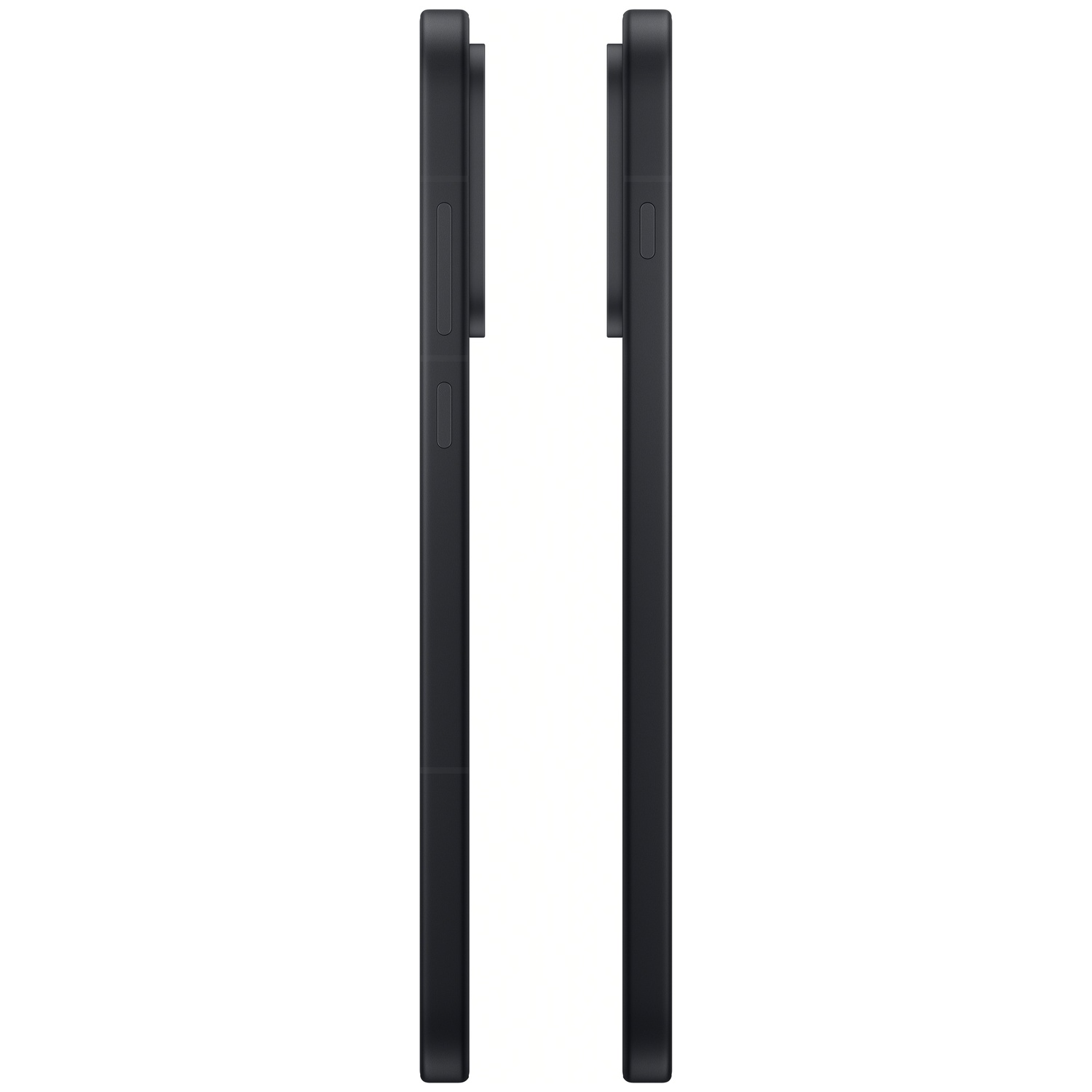 Twee zwarte telefoons op witte achtergrond, zijaanzicht. Aan/uit- en volumeknoppen zijn zichtbaar aan de zijkanten.