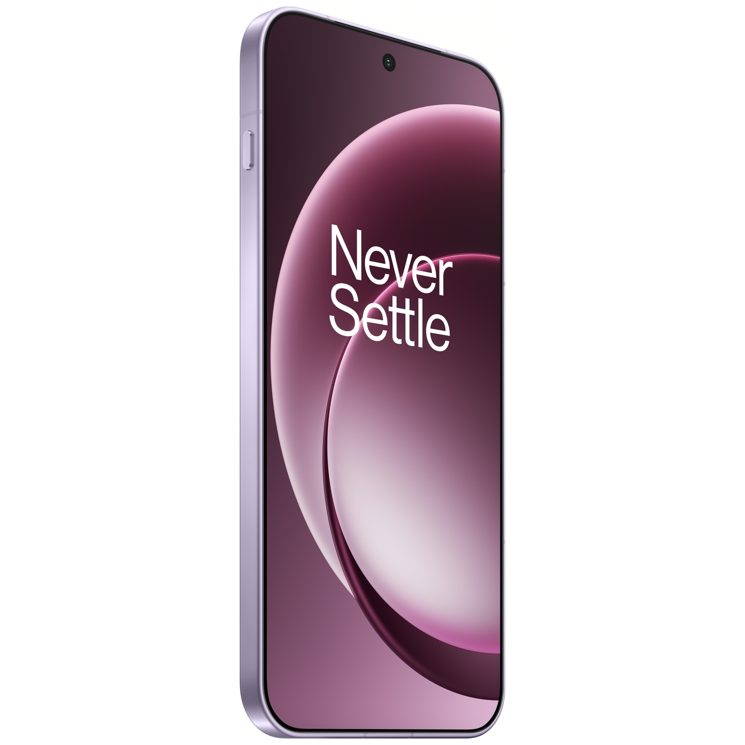 Een paarse smartphone met een scherm dat een verloopachtergrond en de witte woorden 'Never Settle' toont. De telefoon is schuin.
