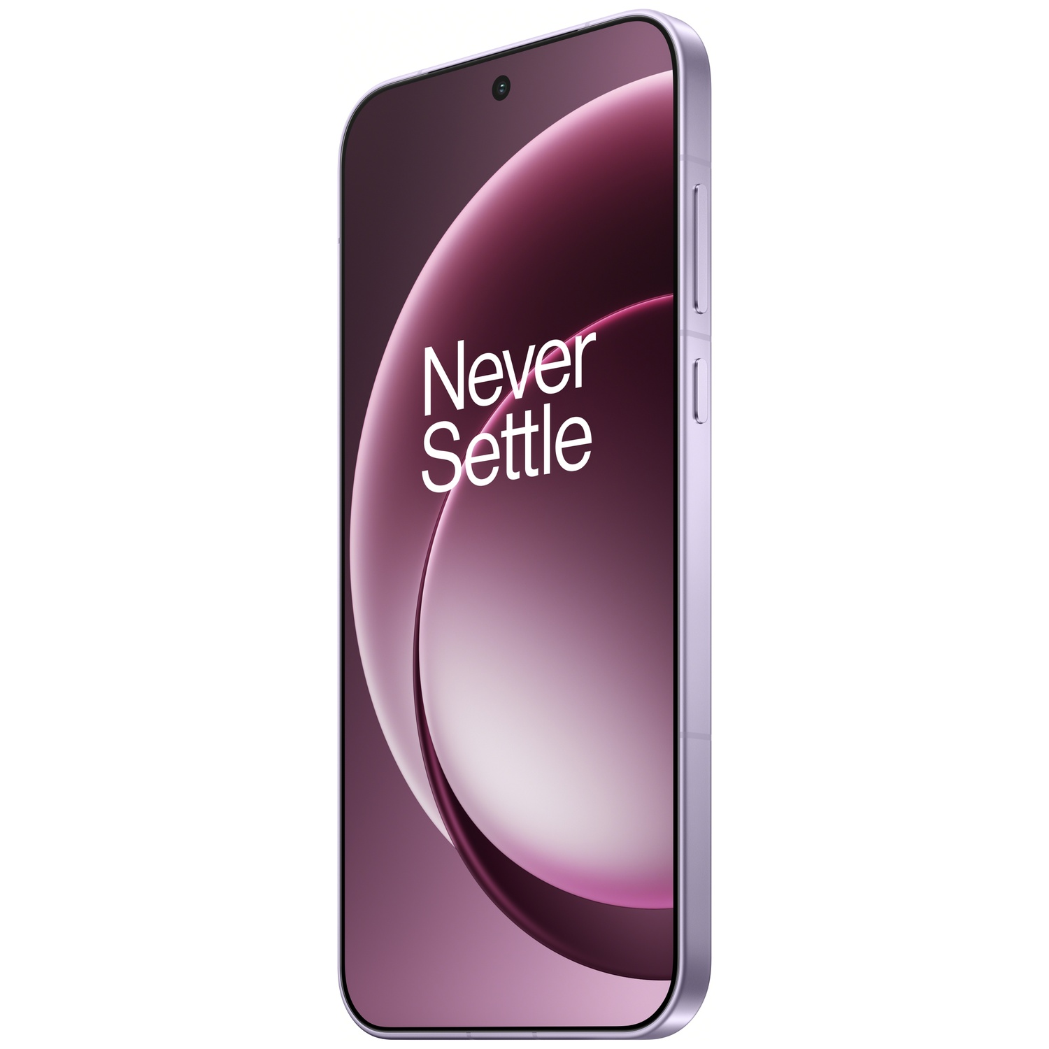Een paarse smartphone met een gebogen scherm toont de woorden "Never Settle". De telefoon heeft een camera en volumeknoppen aan de zijkant.