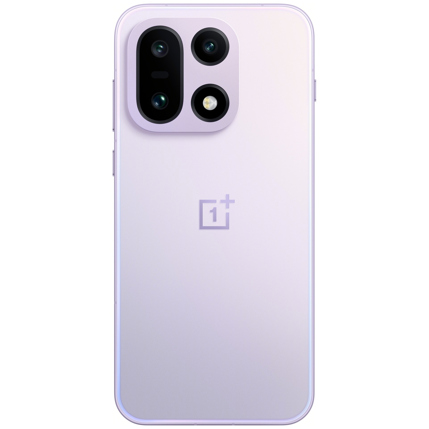 Achterkant van een lichtpaarse smartphone met cameramodule. Het heeft vier lenzen en een OnePlus-logo.