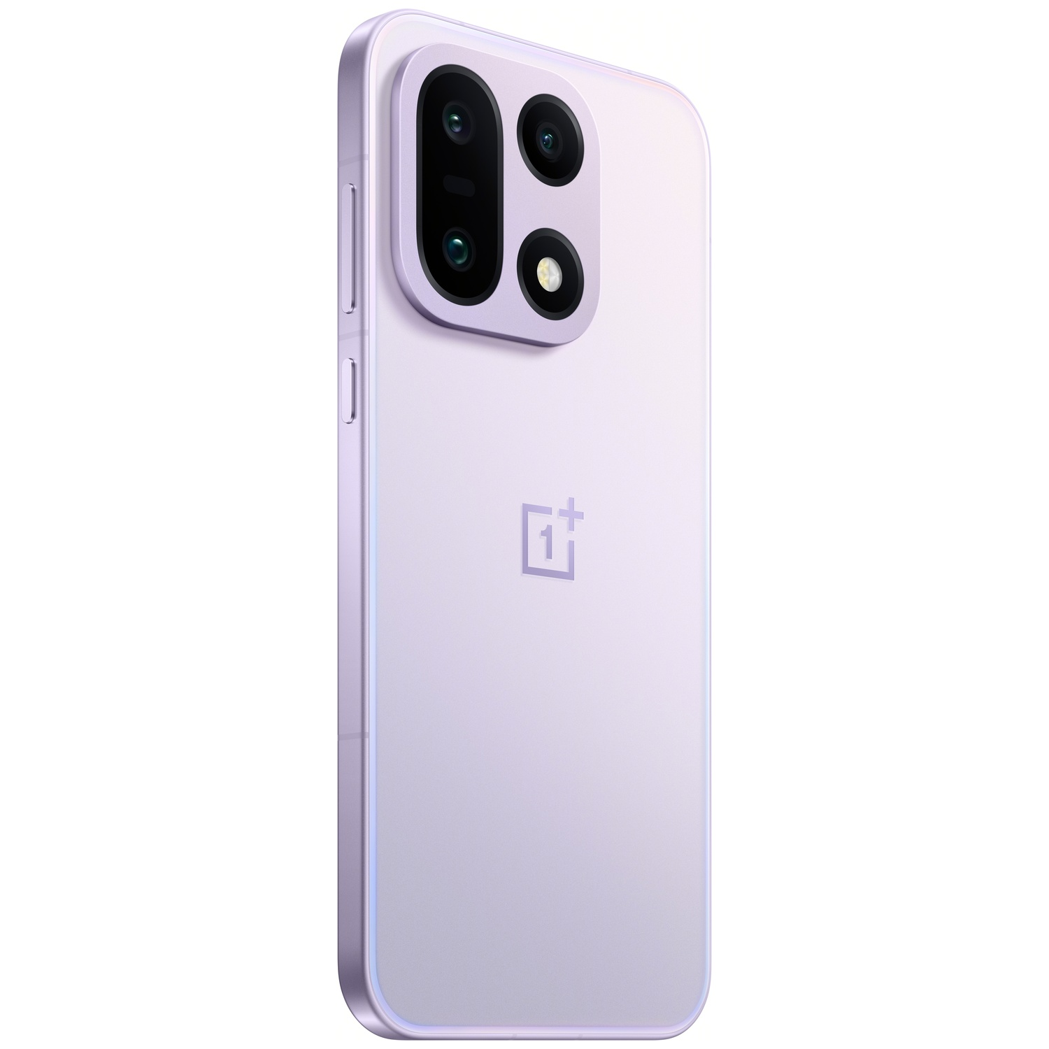 Een lichtpaarse smartphone met meerdere camera's aan de achterkant. Het OnePlus-logo is zichtbaar. De telefoon is iets gekanteld.