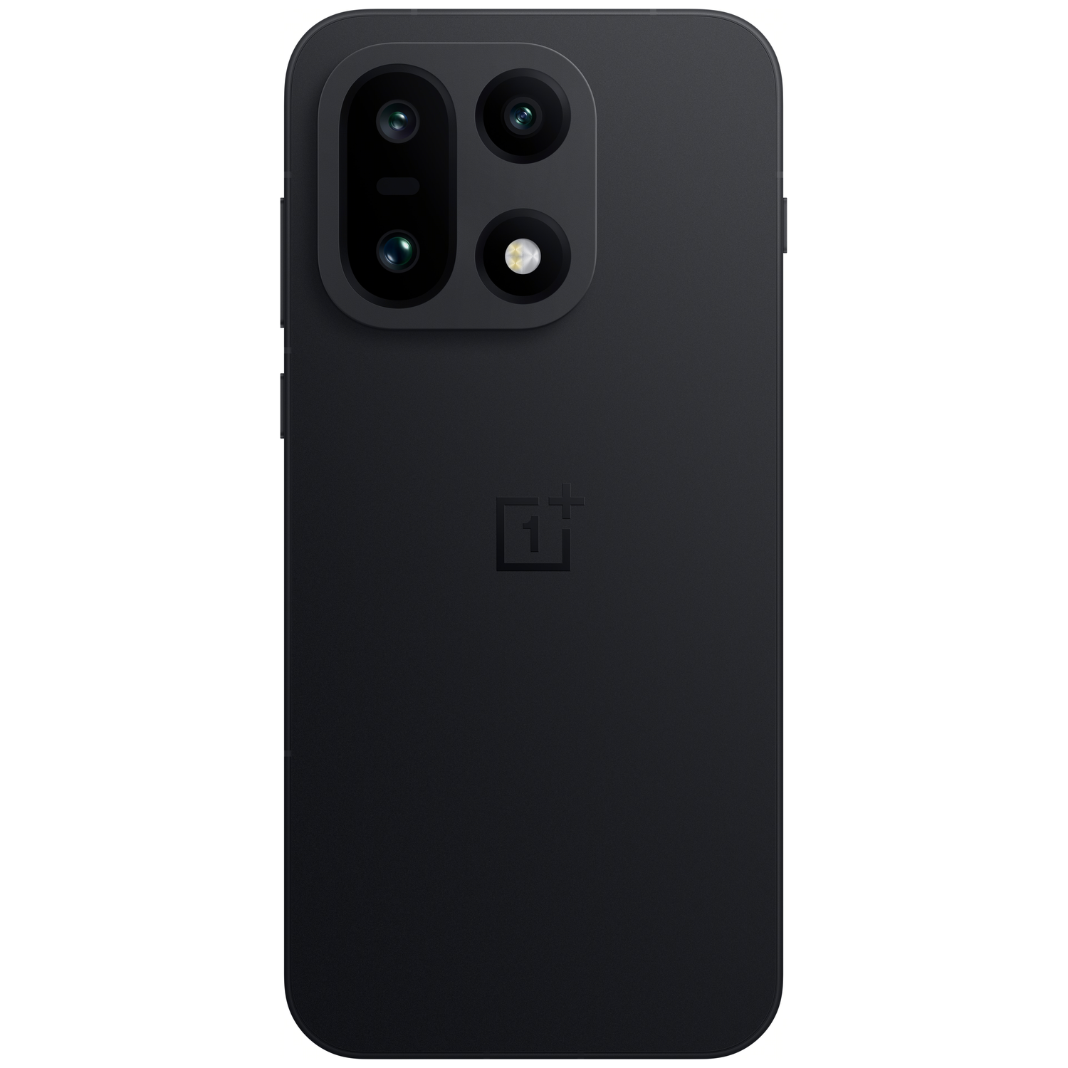 Zwarte smartphone achterkant met camera-array. Het heeft een OnePlus-logo. De telefoon is afgerond.