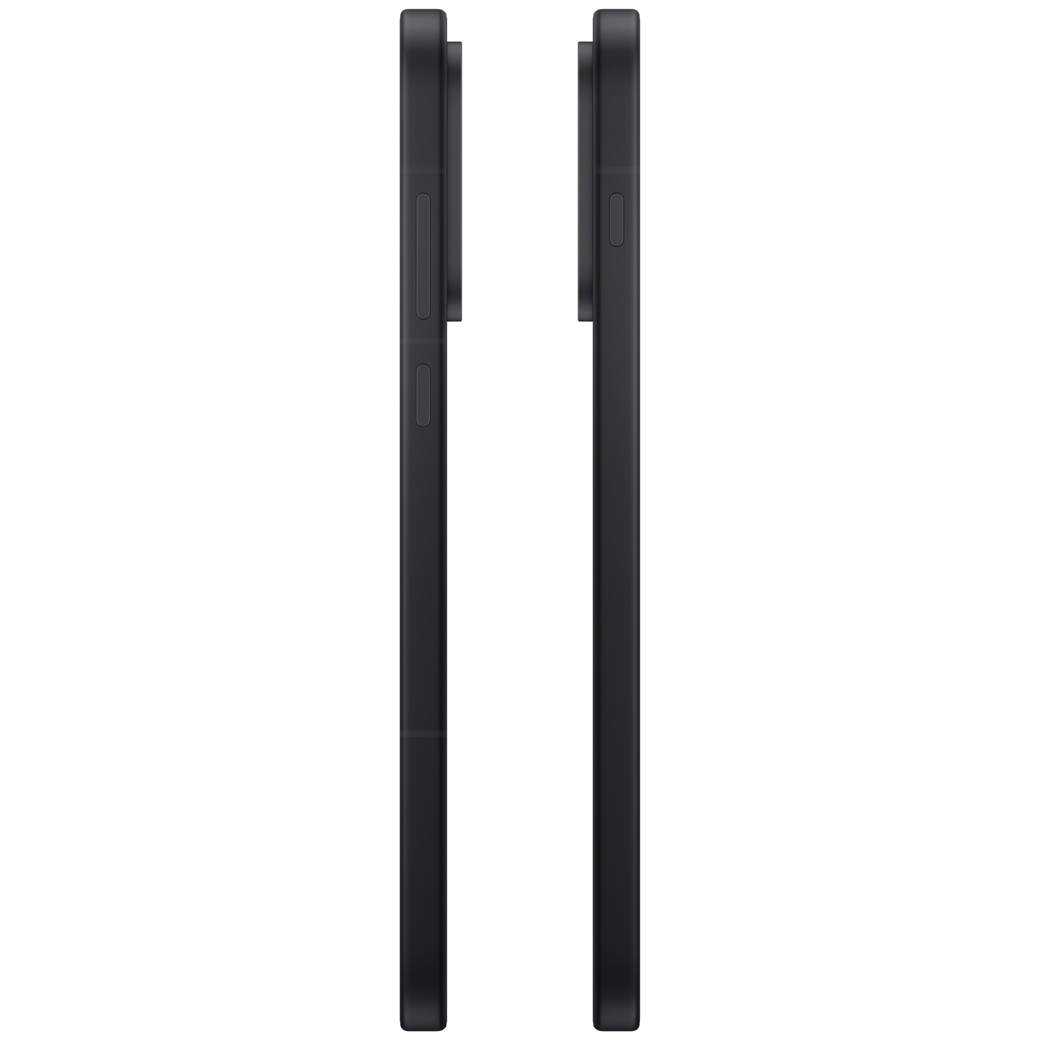 Twee zwarte smartphones in profiel. Eén heeft knoppen aan de zijkant, de ander een knop en een gat.