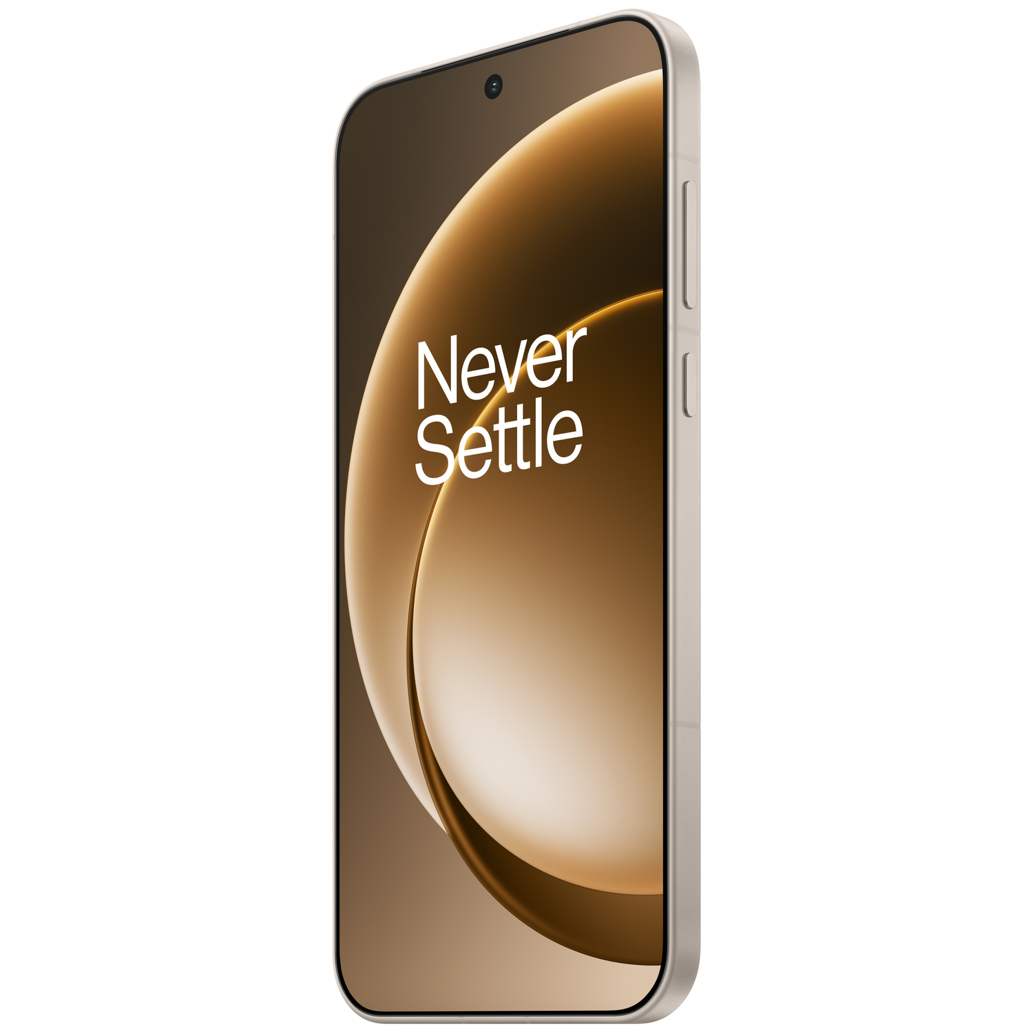 Een smartphone met een gouden display, de woorden 'Never Settle' zijn zichtbaar. De telefoon is lichtgrijs met knoppen aan de zijkant.