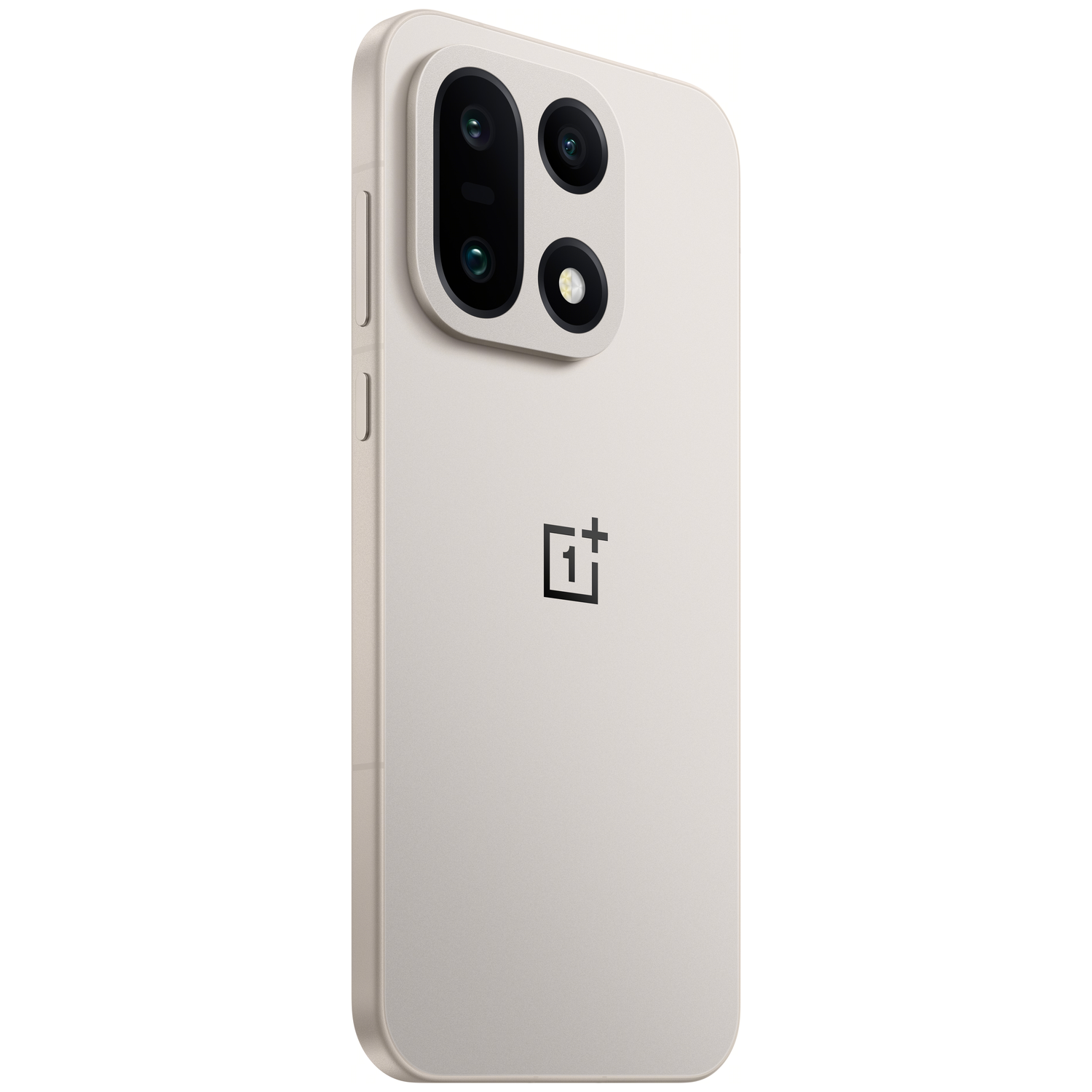 Een beige smartphone met een cameramodule. De telefoon heeft het OnePlus-logo. De achtergrond is wit.