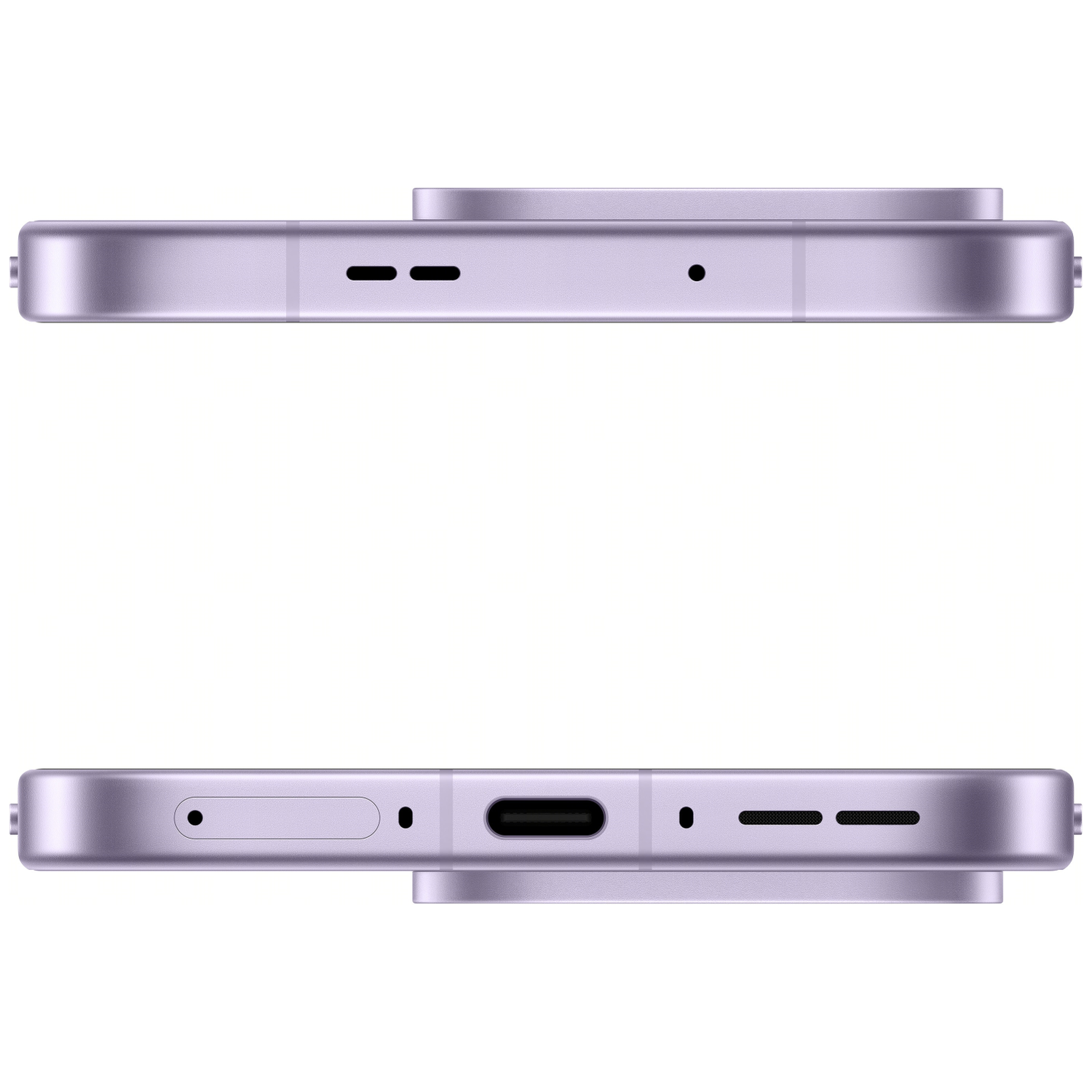 Twee lavendelkleurige telefoons, bovenaanzicht en onderaanzicht. Kenmerken zijn luidsprekers, microfoongaten en een USB-C-poort.