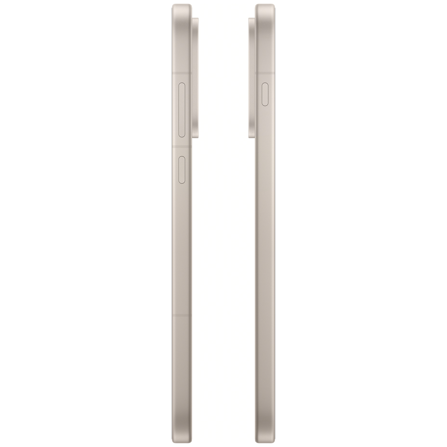 Twee beige smartphones worden van de zijkant getoond. Ze hebben knoppen en een camerabult. De achtergrond is wit.