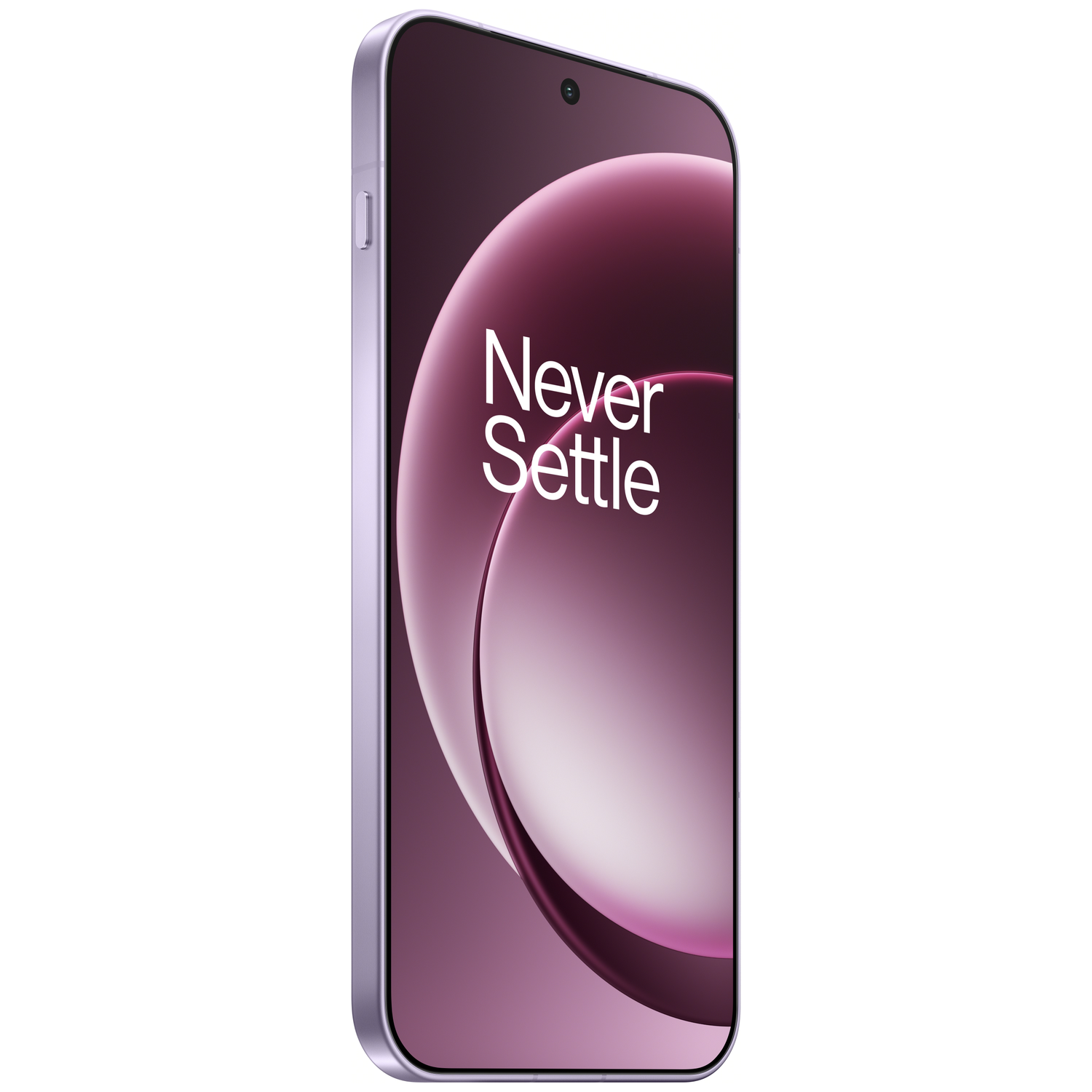 Een paarse smartphone toont de woorden "Never Settle" op het scherm. De telefoon heeft een strak, modern ontwerp met een camera aan de voorkant.
