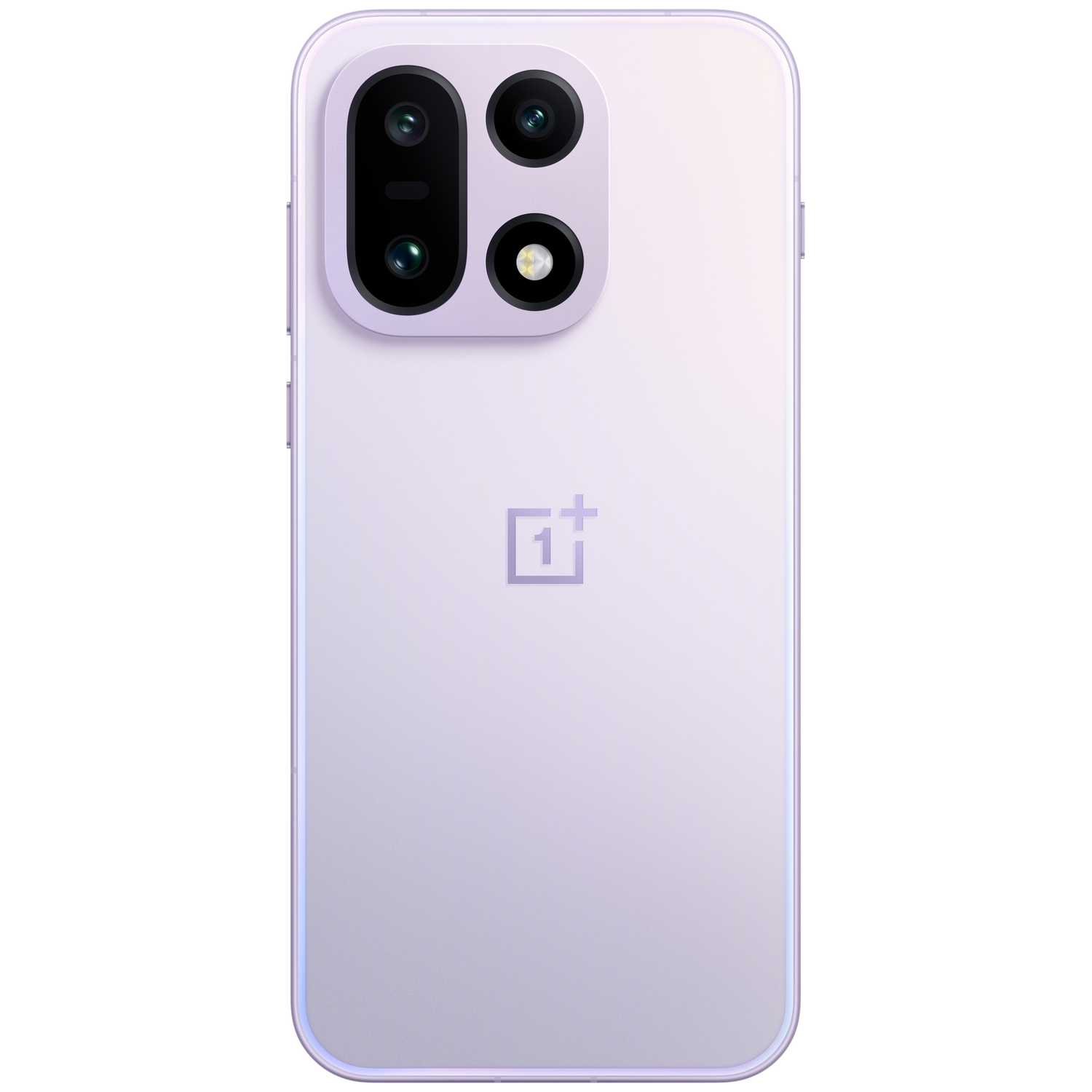 Een lavendelkleurige smartphone, achteraanzicht, met een cameramodule met meerdere lenzen en een OnePlus-logo.