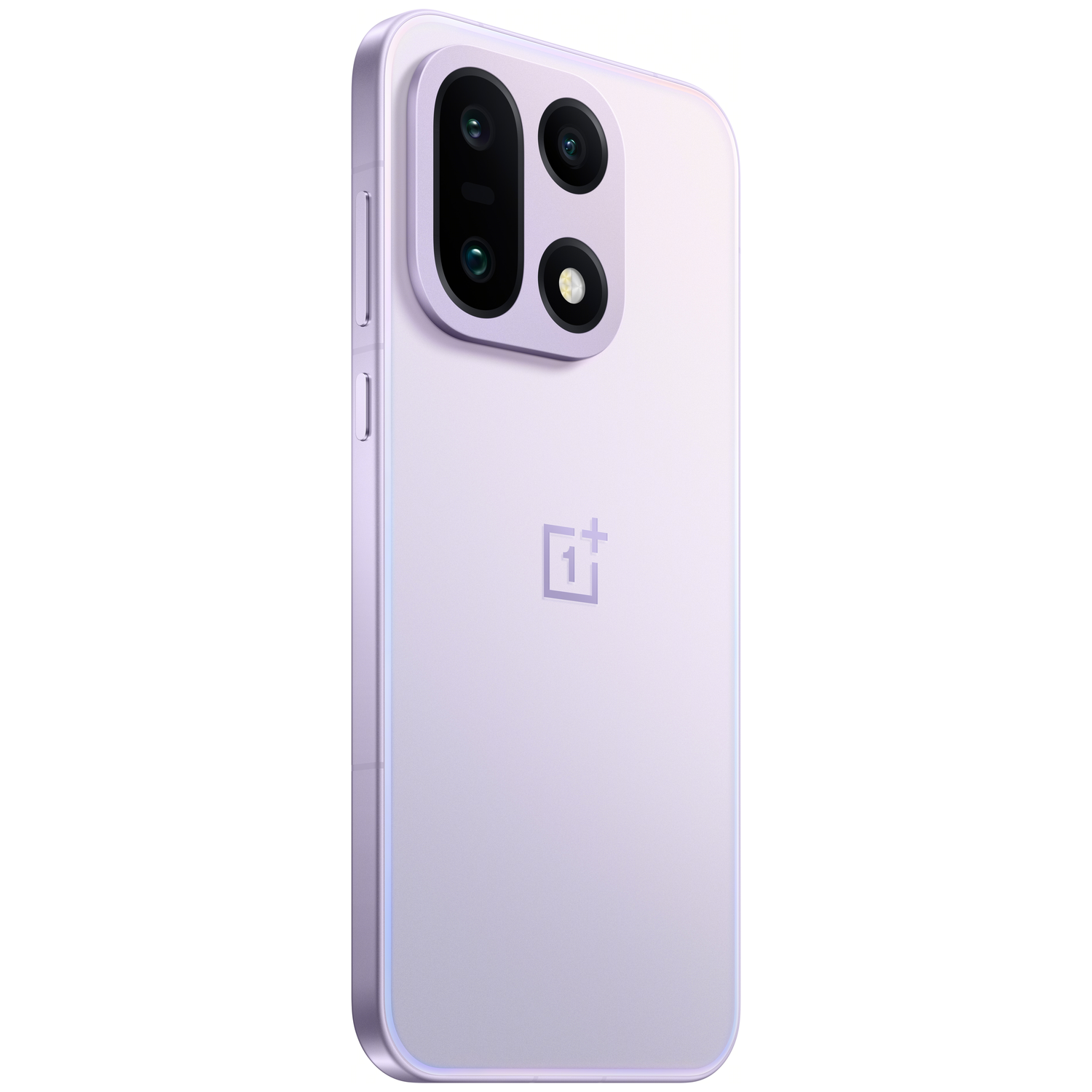 Een lavendelkleurige smartphone met een drievoudige cameralens en het OnePlus-logo. De telefoon staat schuin en toont de achterkant.