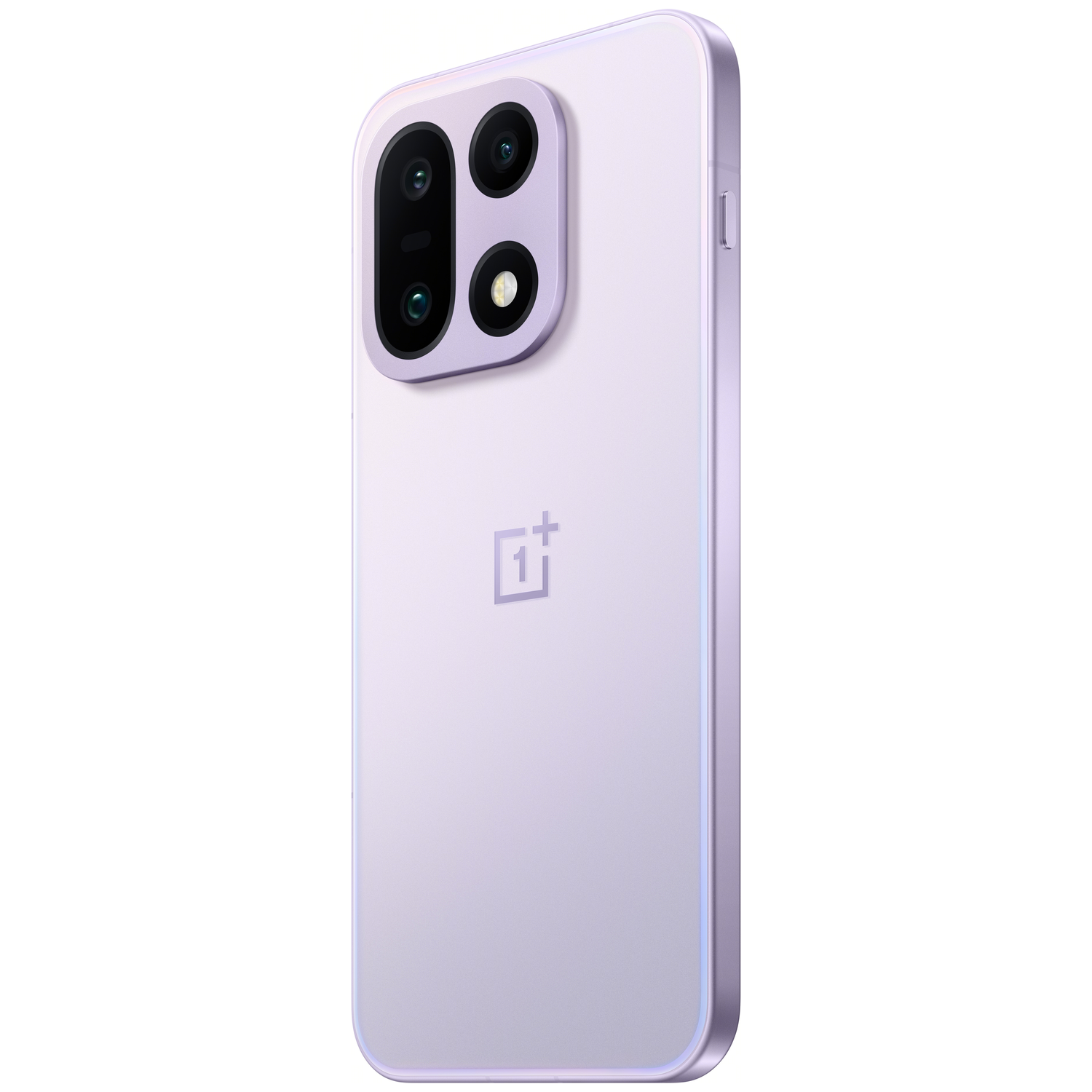 Een lavendelkleurige OnePlus-telefoon met drie camera's aan de achterkant. De telefoon heeft een transparante hoes en het OnePlus-logo is zichtbaar.