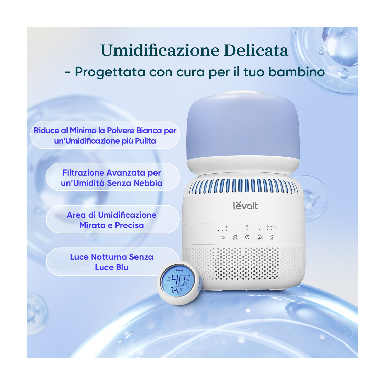 Un umidificatore bianco e blu con display digitale di umidità e temperatura. Ha un top blu e icone di funzione.