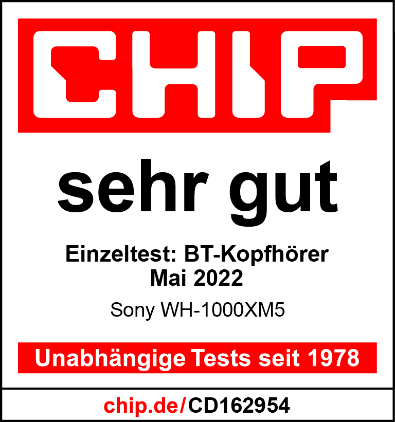 Das Bild zeigt ein rotes 'CHIP'-Logo mit 'sehr gut' darunter. Text erwähnt BT-Kopfhörer-Test im Mai 2022, Sony WH-1000XM5.
