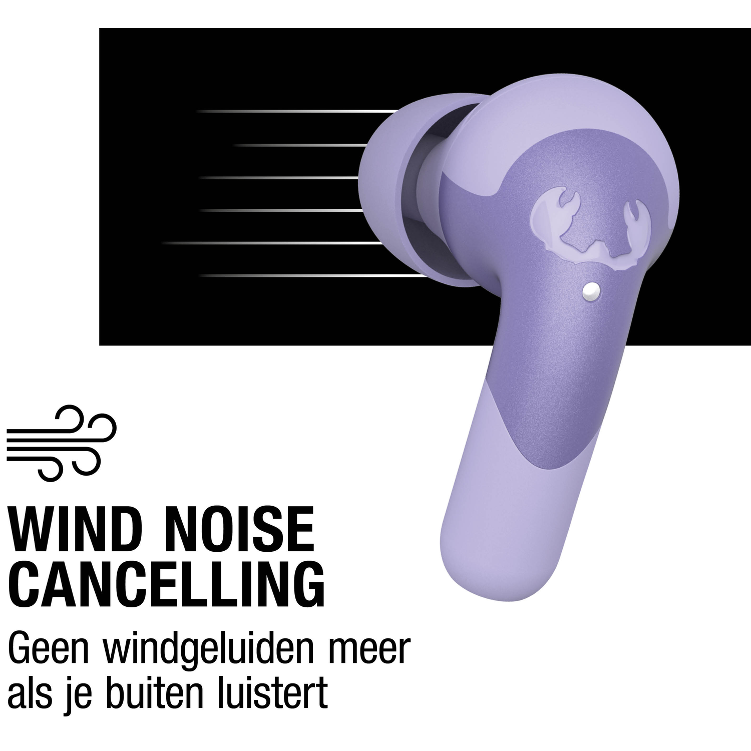 A lavender wireless earbud. Text says 'Wind Noise Cancelling'. Dutch text below the title.