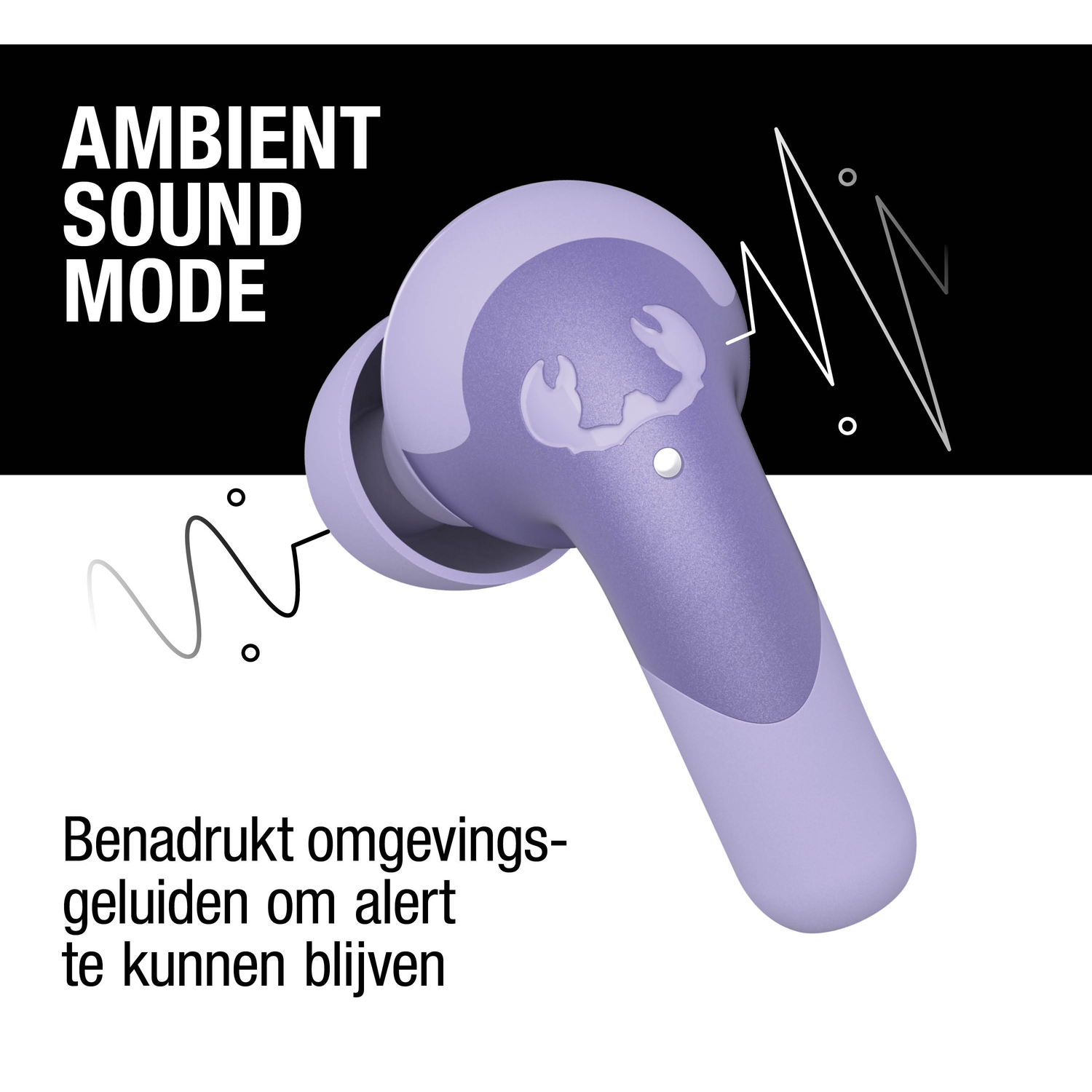A purple earbud with a crab logo, text 'AMBIENT SOUND MODE', and sound wave graphics against a black and white backdrop.
