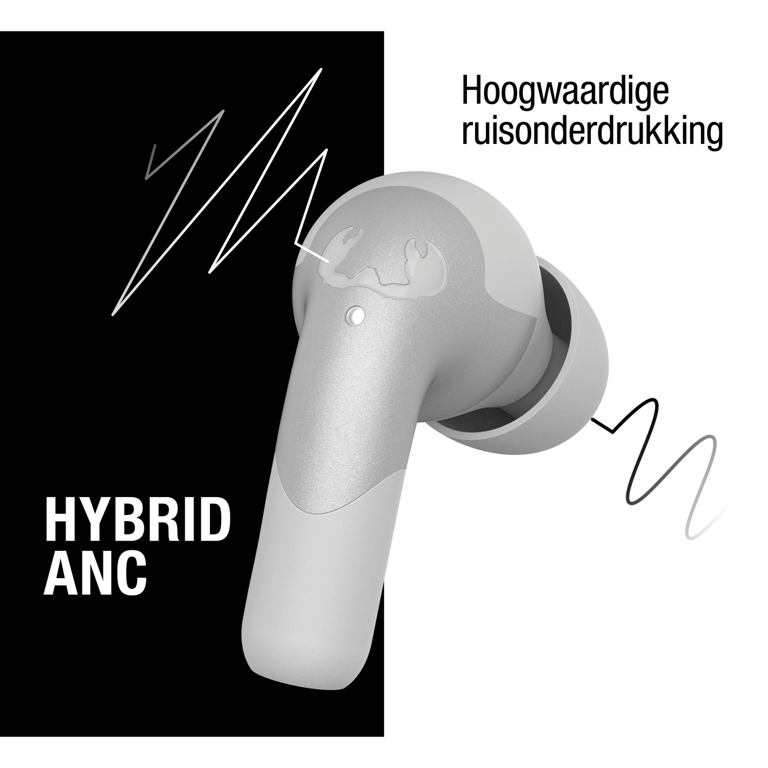 A gray earbud with the text 'HYBRID ANC' on a black background. White lines and text 'Hoogwaardige ruisonderdrukking' are also present.