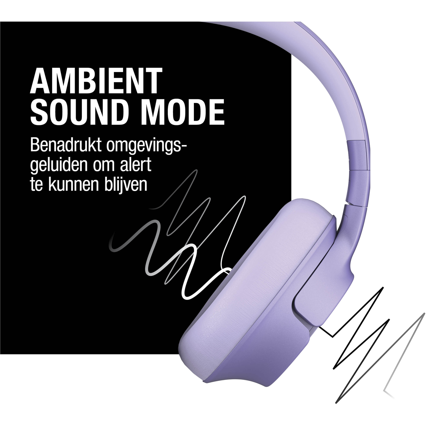 Een paarse headset op een witte achtergrond. Witte tekst: 'Ambient Sound Mode' en Nederlandse tekst eronder. Zwarte golven.