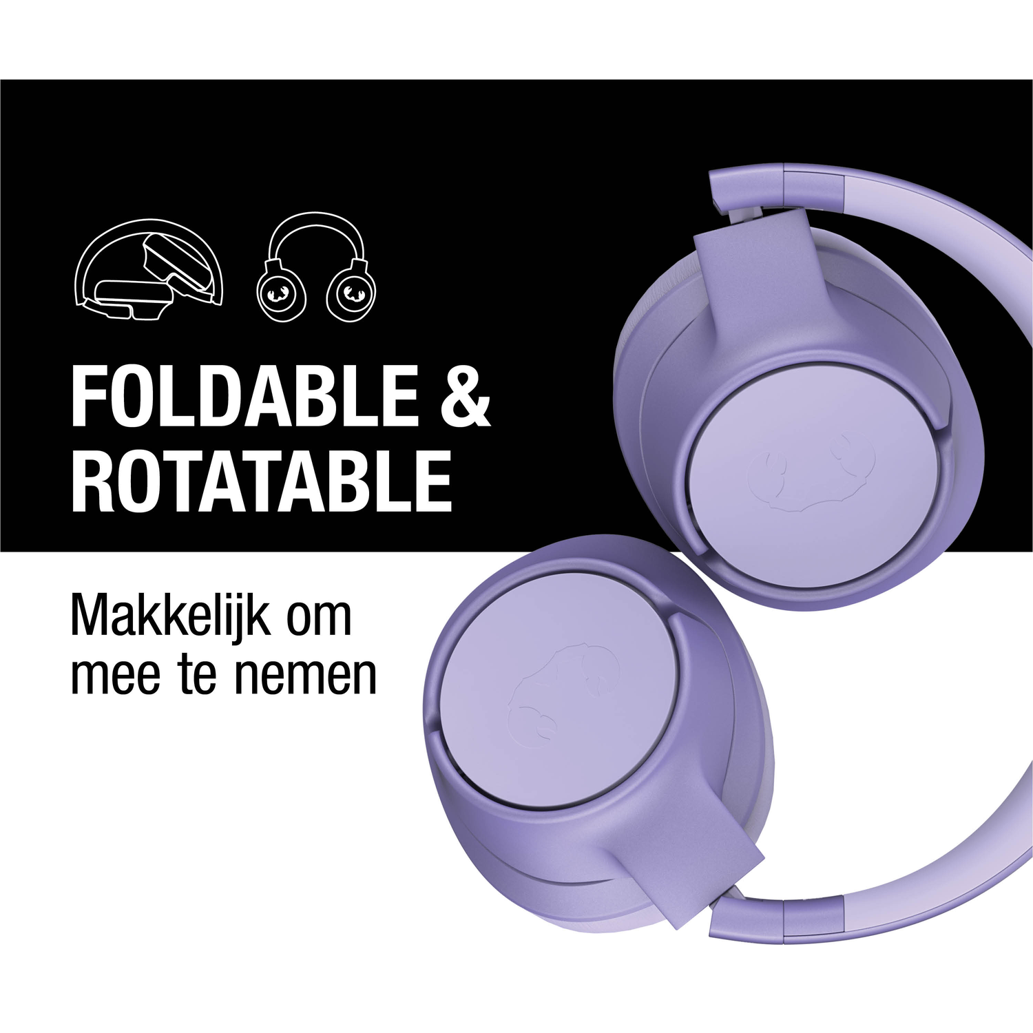 Afbeelding toont paarse koptelefoon. Tekst luidt: Opvouwbaar & Draaibaar. Makkelijk om mee te nemen. Zwart-witte achtergrond. Koptelefoon is schuin.