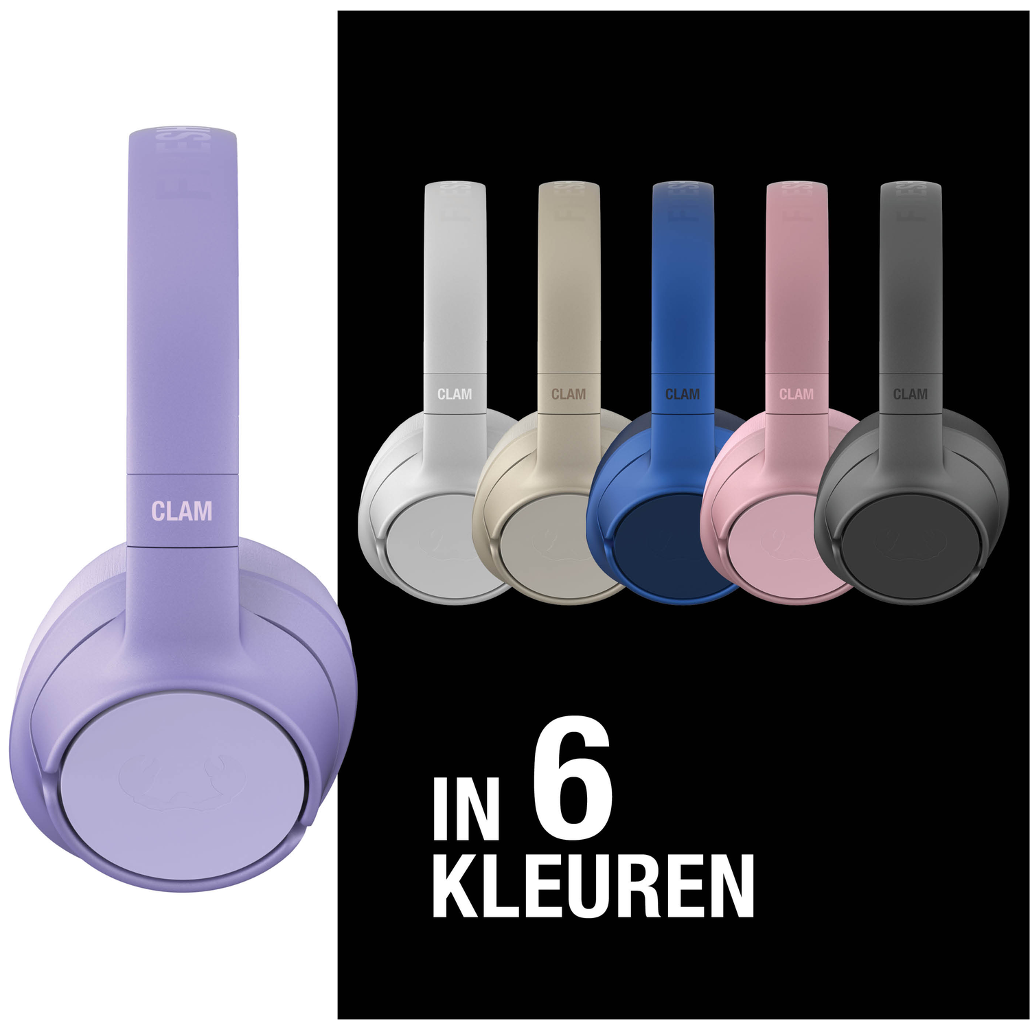 Afbeelding toont zes gekleurde koptelefoons: wit, beige, blauw, roze en grijs. Tekst zegt 'IN 6 KLEUREN'.