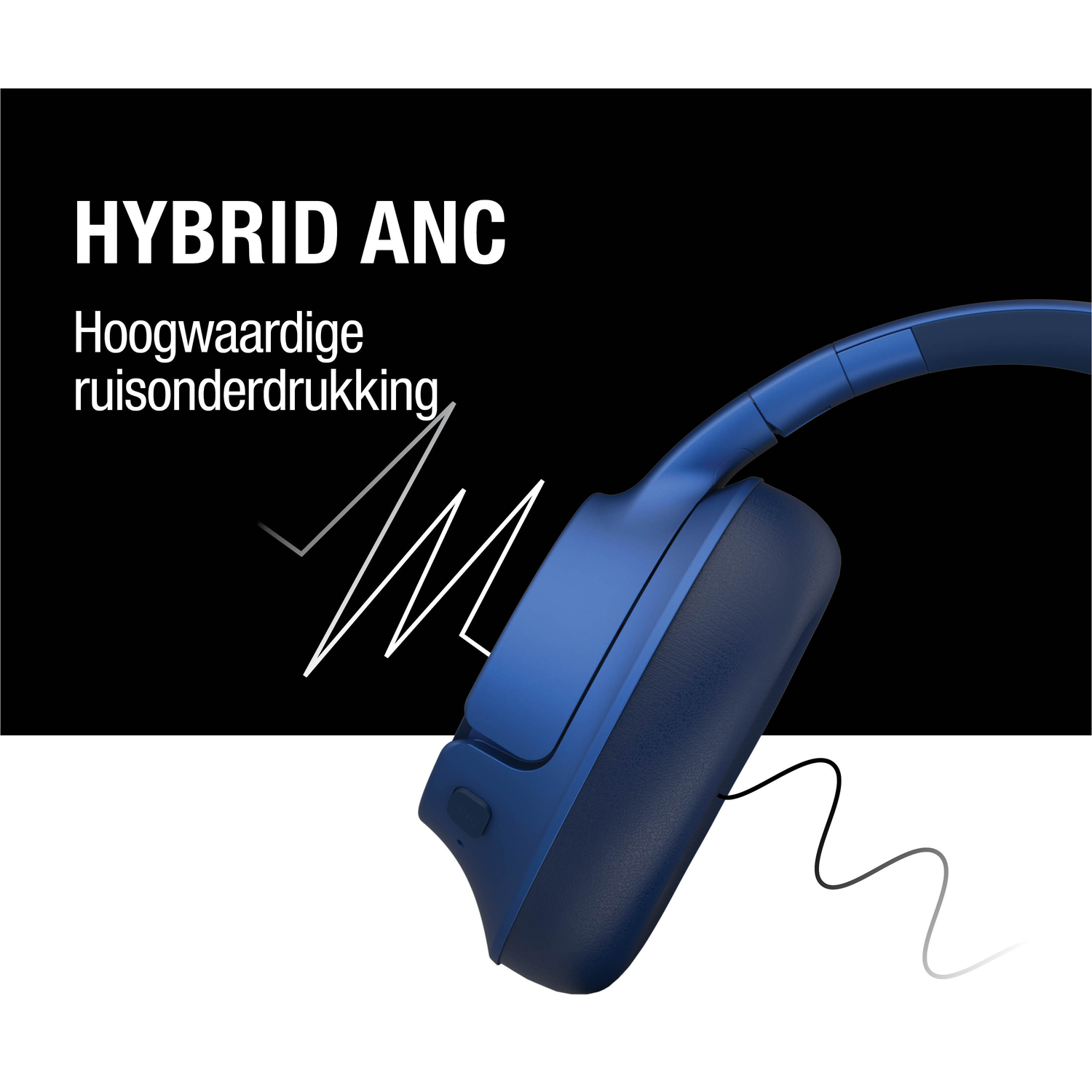 Blue headphones with a black and white background. Text reads 'HYBRID ANC' and 'noise reduction'.