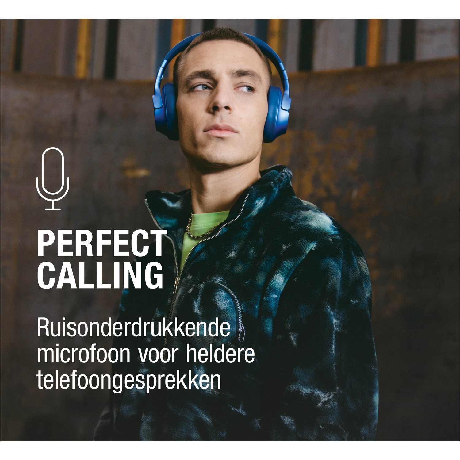 A man wearing blue headphones looks off-camera. Text reads 'PERFECT CALLING' and 'Noise-canceling microphone for clear calls'.