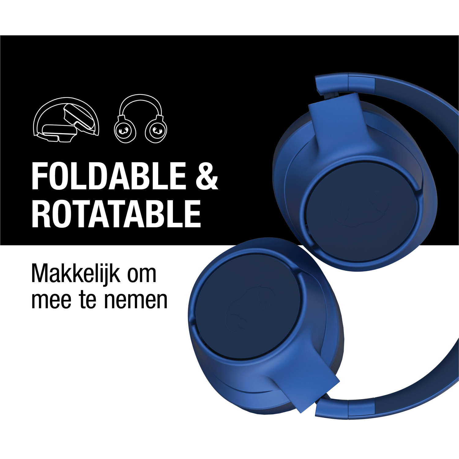 Blue headphones, foldable and rotatable, on a white background. Text says: Foldable & Rotatable, and Makkelijk om mee te nemen.