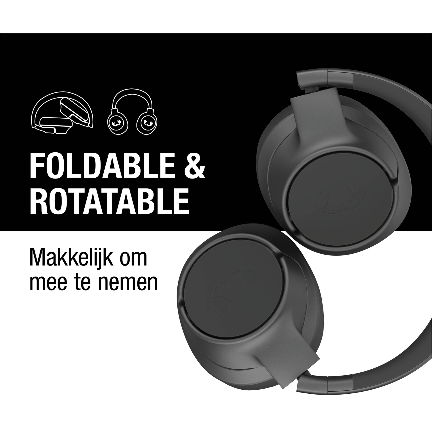 Zwarte koptelefoon, gedeeltelijk opgevouwen, op een zwart-witte achtergrond. Tekst: 'Foldable & Rotatable' en 'Easy to carry'.