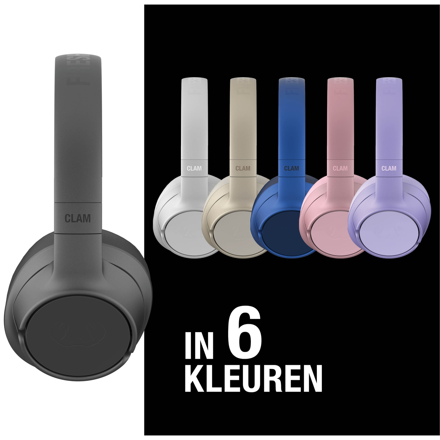 Afbeelding met koptelefoons in zes kleuren: wit, beige, blauw, roze en paars. Het woord 'CLAM' is zichtbaar. Tekst: 'IN 6 KLEUREN'.
