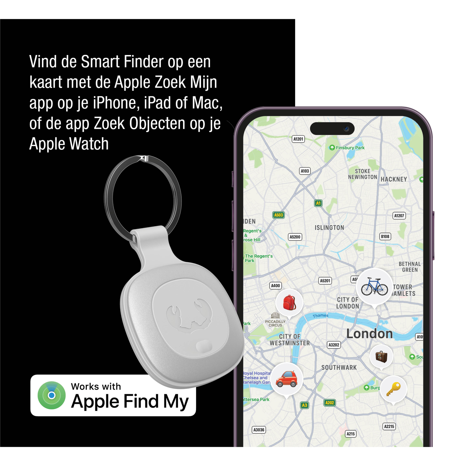 A white Smart Finder keychain and a phone displaying a map of London, with the Apple Find My logo.